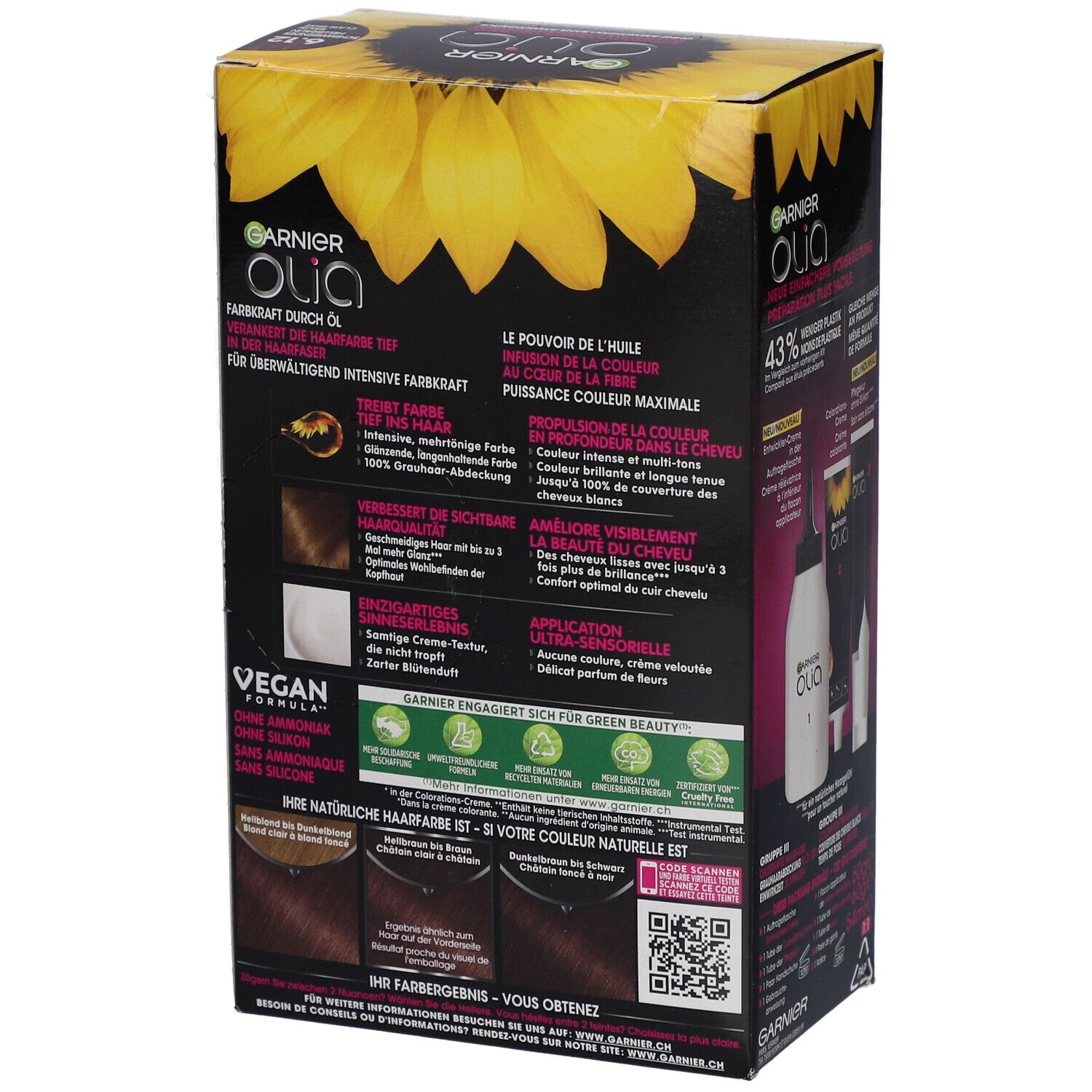 Rückseite der Garnier Olia Haarfarben-Box. Informationen zu Inhaltsstoffen, Deckkraft, und Anwendung. Vegan-Formel. Abbildungen von Farbergebnissen.