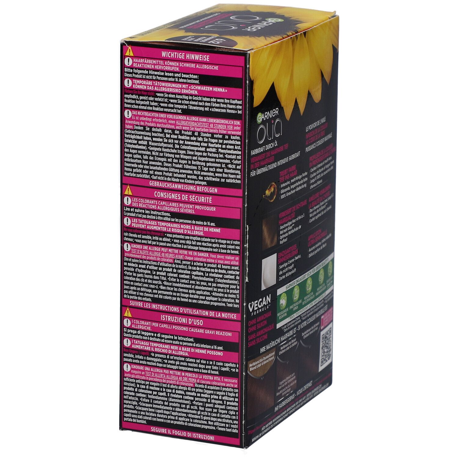 Garnier Olia Haarfarben-Box, Seitenansicht. Warnhinweise, Sicherheitsvorkehrungen, Gebrauchsanweisung. Vegan-Logo. QR-Code.