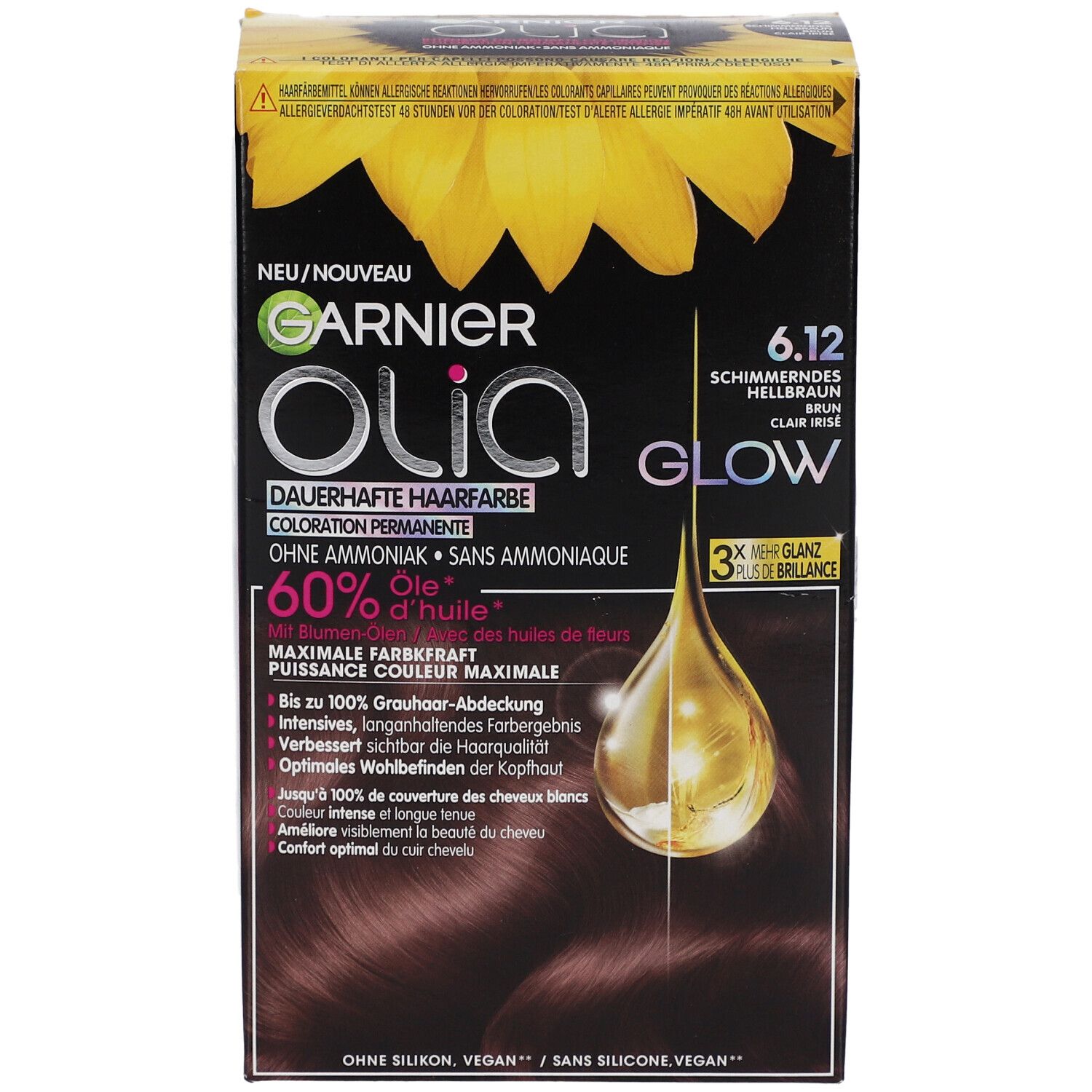 Garnier Olia Haarfarben-Box. Farbe: 6.12, schimmerndes Hellbraun. Enthält 60% Öl. Aufdruck: Dauerhafte Haarfarbe, ohne Ammoniak.