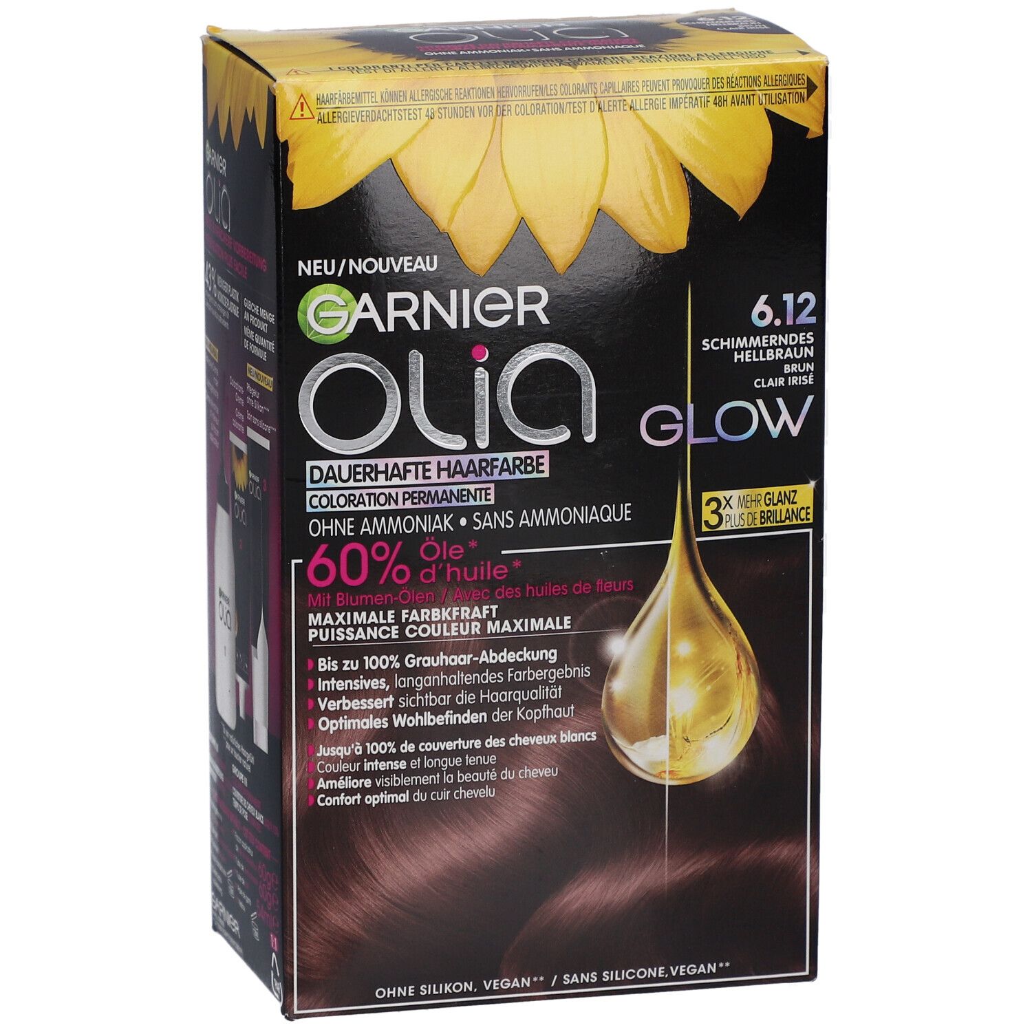 Garnier Olia Haarfarben-Box. Farbe: 6.12, schimmerndes Hellbraun. Enthält 60% Öl. Aufdruck: Dauerhafte Haarfarbe, ohne Ammoniak.