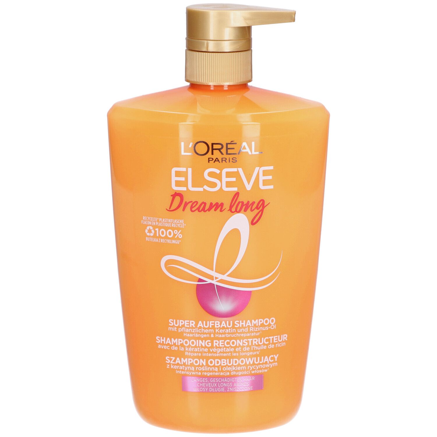 L'Oréal Paris Elseve Dream Long Shampooing, orangefarbene Flasche mit Dosierpumpe. Produktaufschrift und Logo.