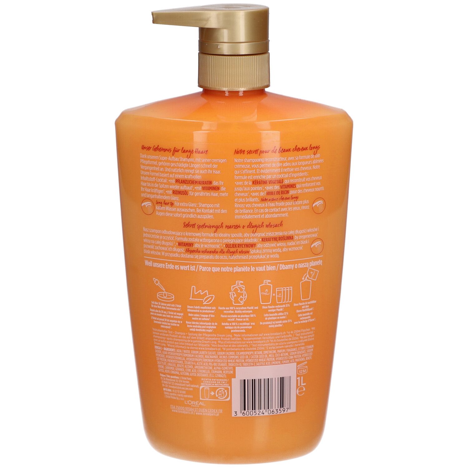 Rückseite der L'Oréal Paris Elseve Dream Long Shampooing Flasche. Text und Symbole auf orangefarbenem Hintergrund.
