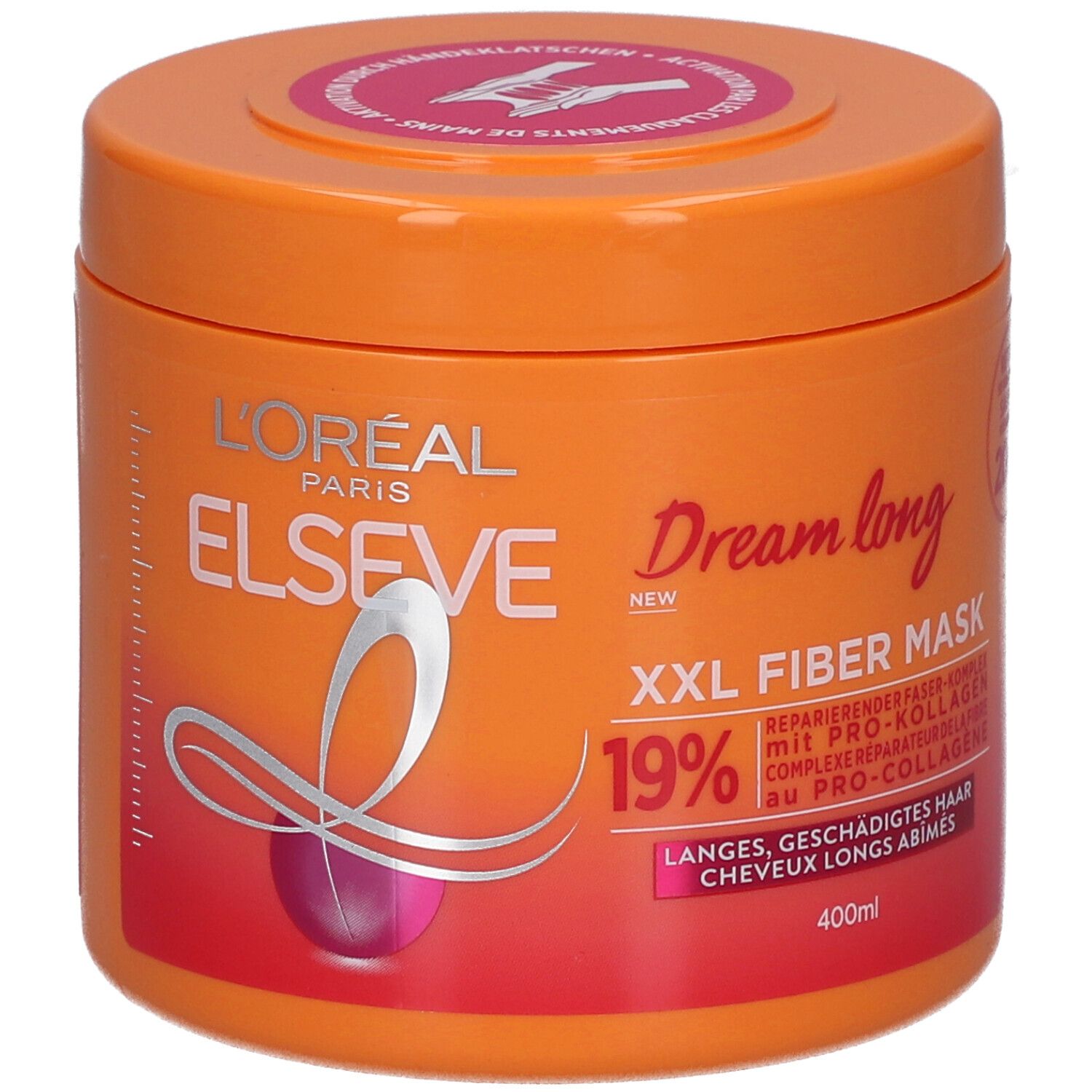 Pot orange L'Oréal Elseve Dream Long Masque. Texte: XXL Fiber Mask, 19%. 400ml.