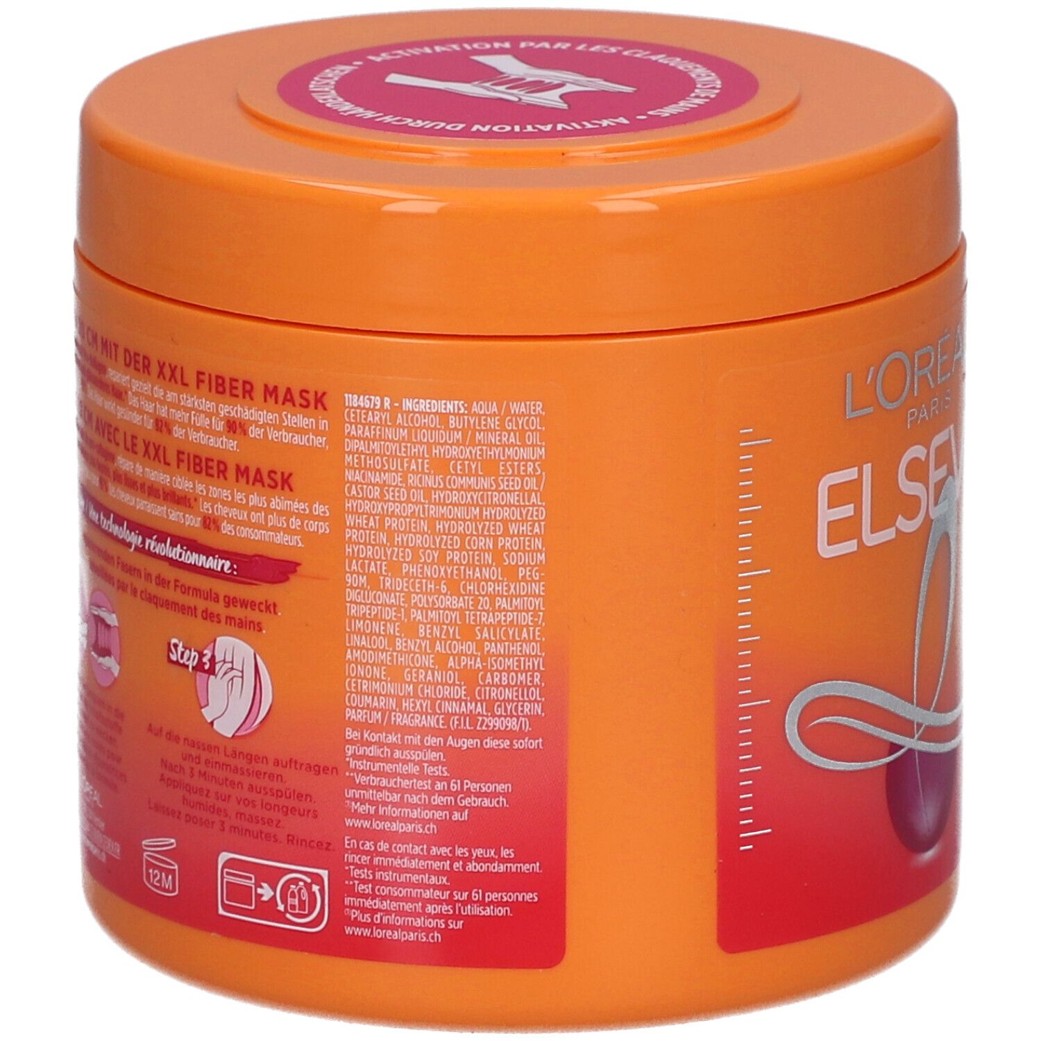 Dos du pot orange L'Oréal Elseve Dream Long Masque. Texte et ingrédients.