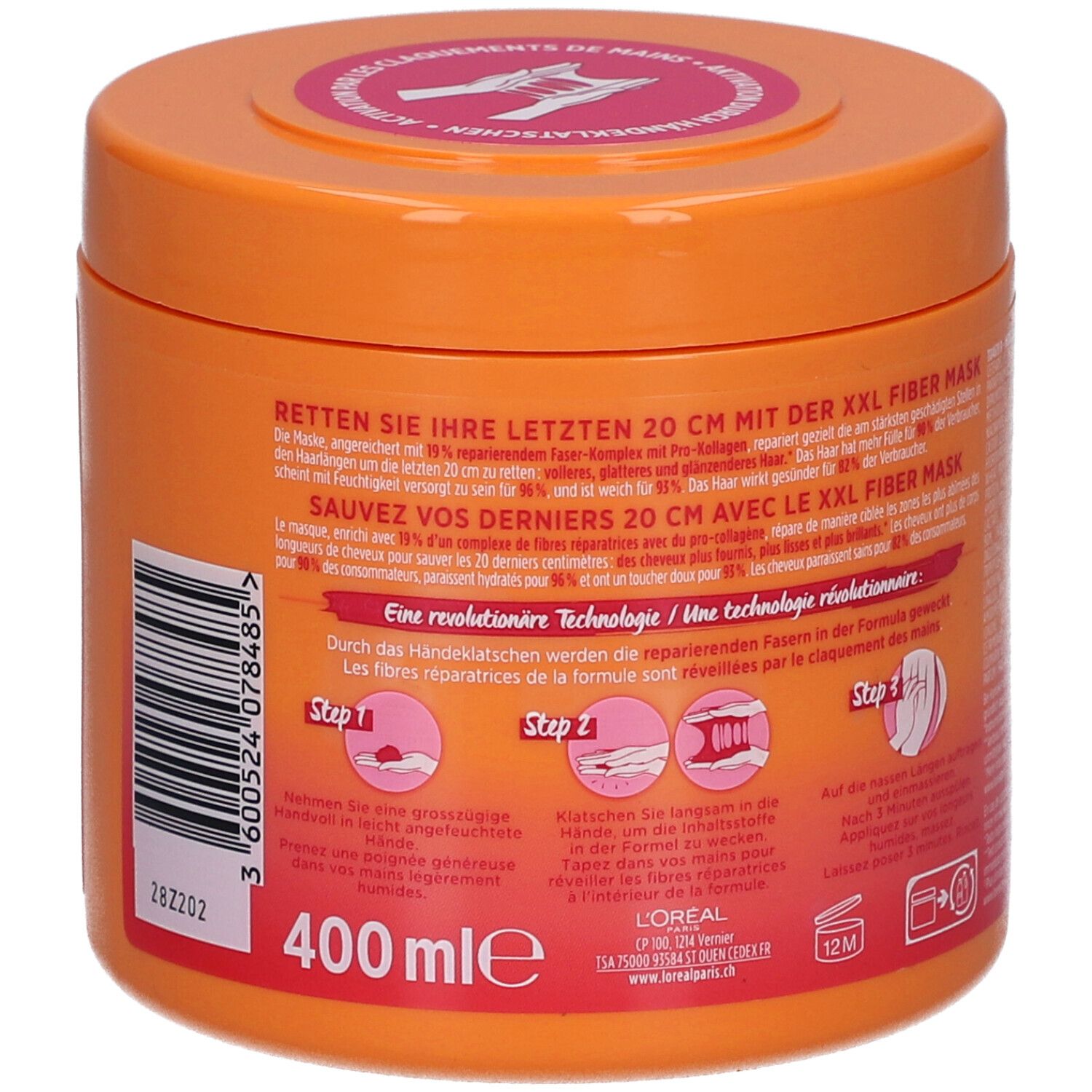 Dos du pot orange L'Oréal Elseve Dream Long Masque. Texte et utilisation.