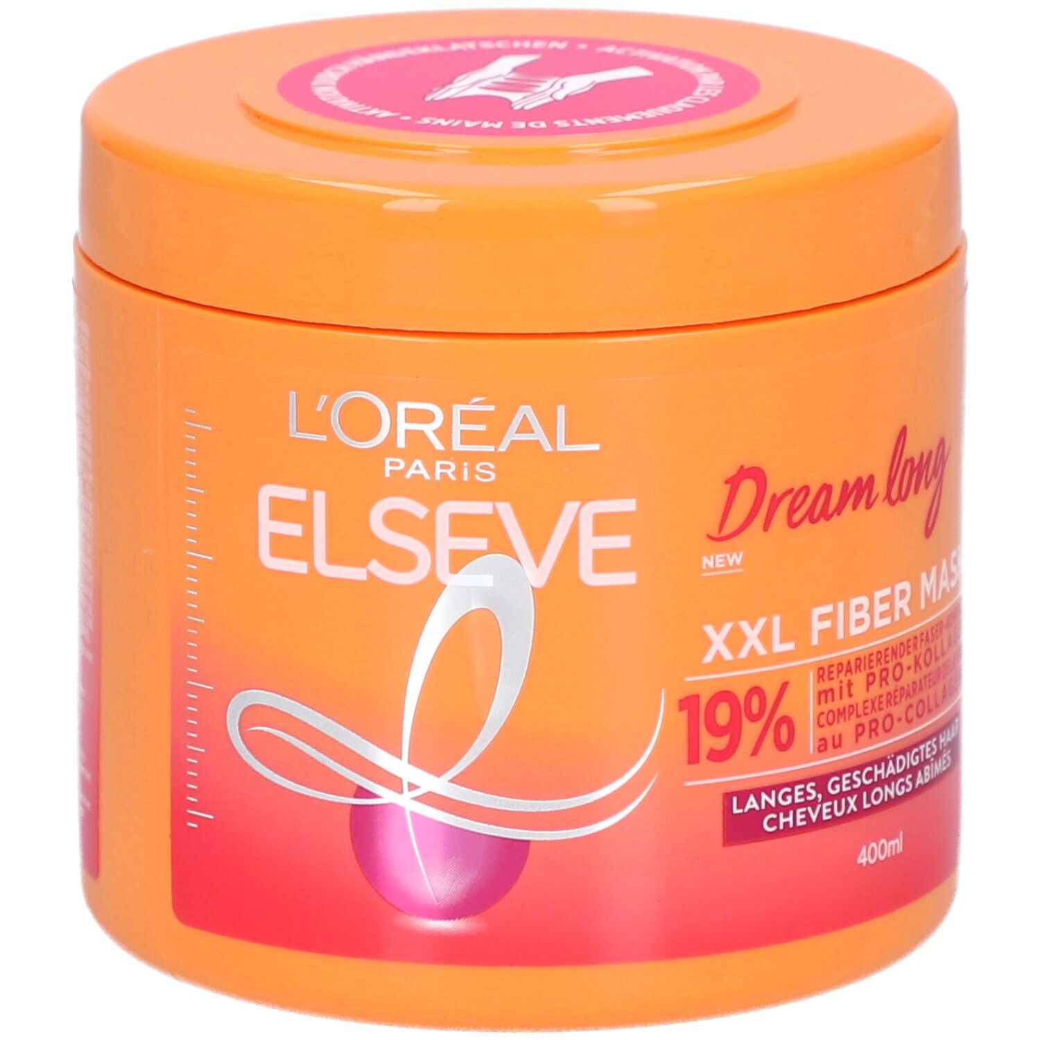 Pot orange L'Oréal Elseve Dream Long Masque. Texte: XXL Fiber Mask, 19%. 400ml.