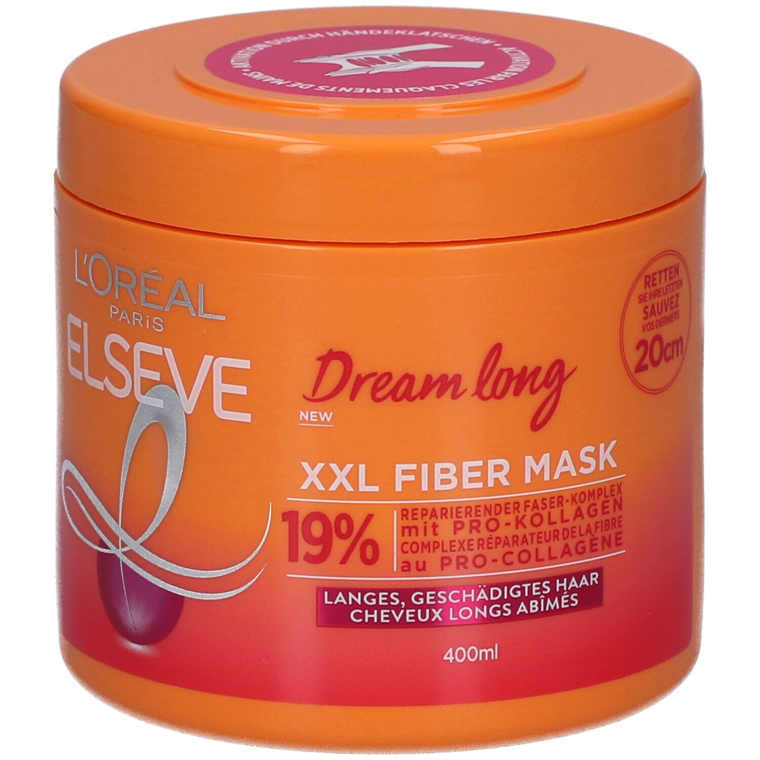 Pot orange L'Oréal Elseve Dream Long Masque. Texte: XXL Fiber Mask, 19%. 400ml.