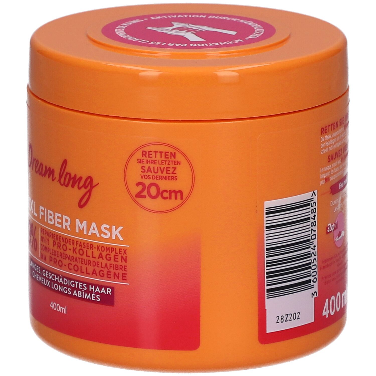 Pot orange L'Oréal Elseve Dream Long Masque. Texte: XXL Fiber Mask, 400ml.