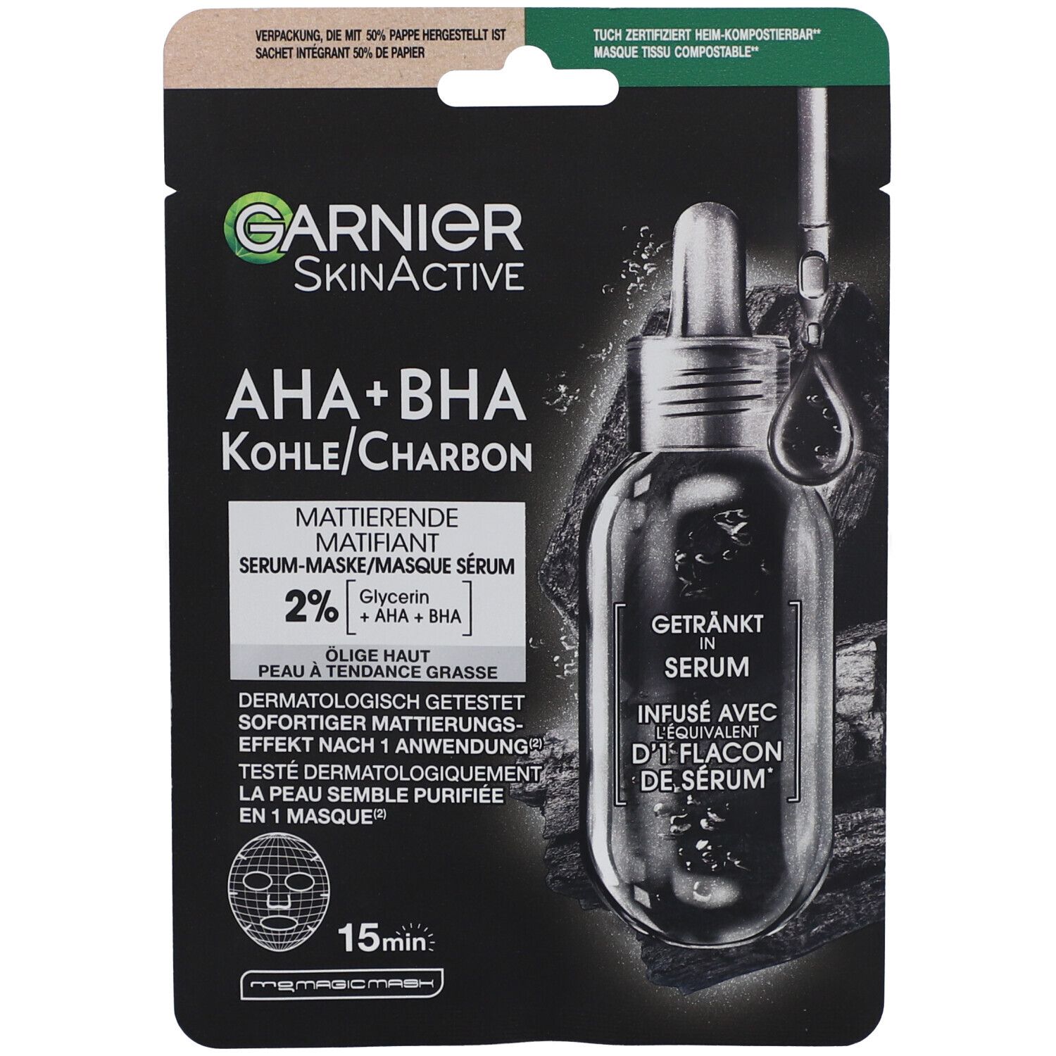 Schwarze Gesichtsmaske mit Garnier SkinActive Logo und Produktinformationen. AHA+BHA Kohle/Charbon, mattierend.