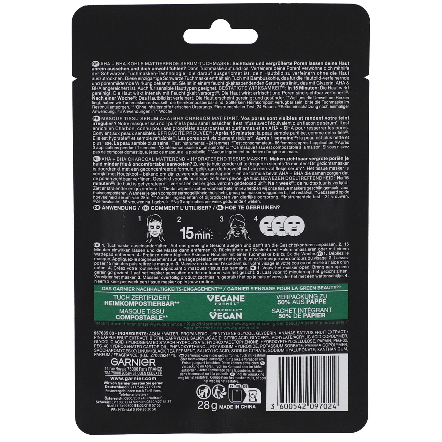 Rückseite der schwarzen Gesichtsmaskenverpackung. Textinformationen, Inhaltsstoffe, Zertifizierungen und Logo von Garnier.