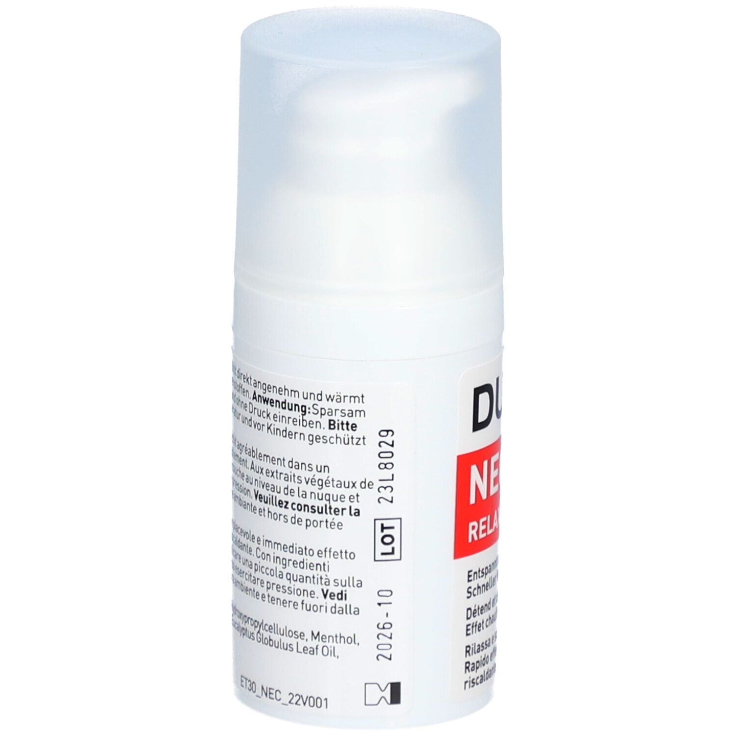 Weißer Gel-Flakon mit rotem Etikett. Aufschrift: DUL-X NECK RELAX. Rückseite mit Text. Mit Dosierpumpe und Deckel.