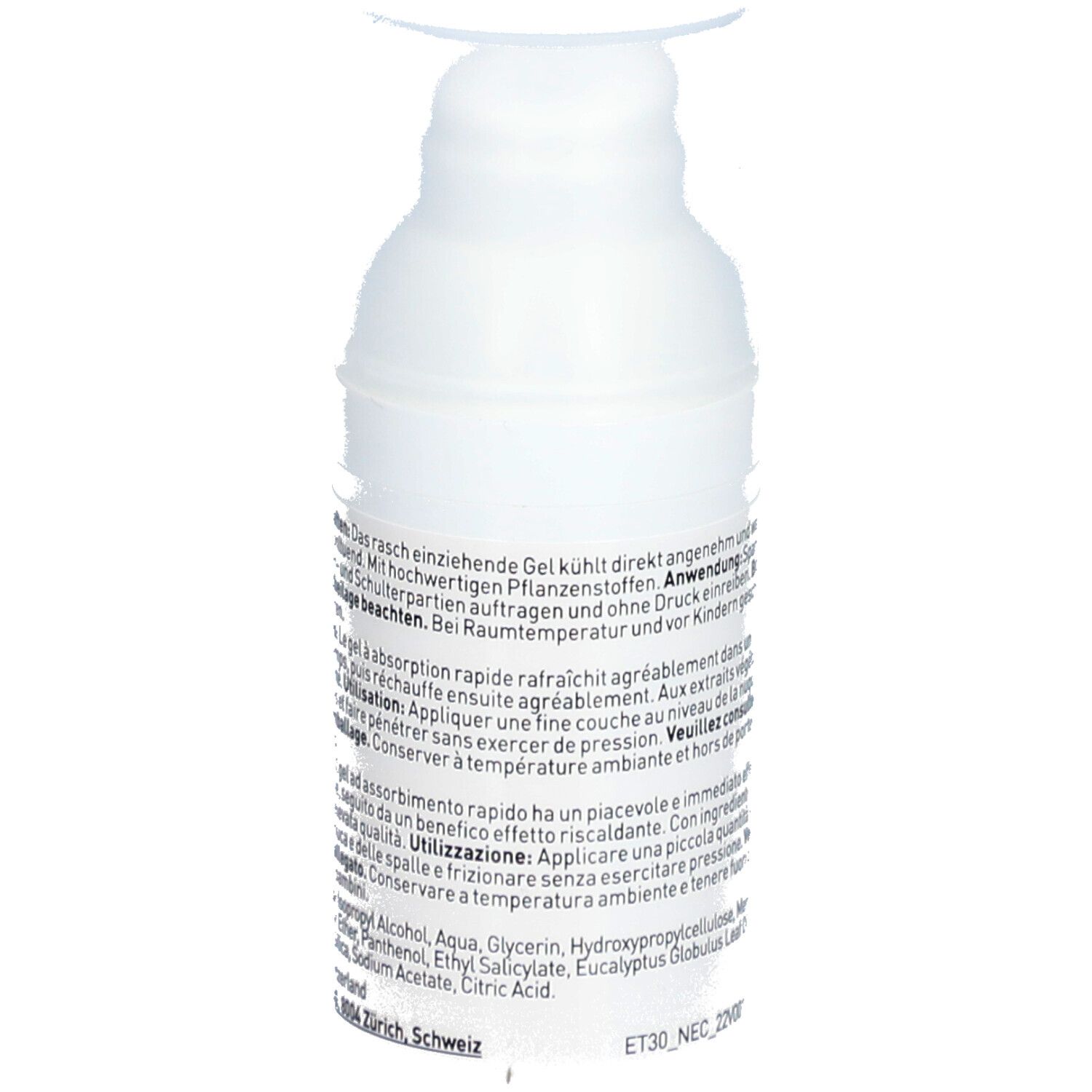 Weißer Gel-Flakon mit Text auf der Rückseite. Mit Dosierpumpe und Deckel. Inhaltsstoffe und Herstellerangaben.