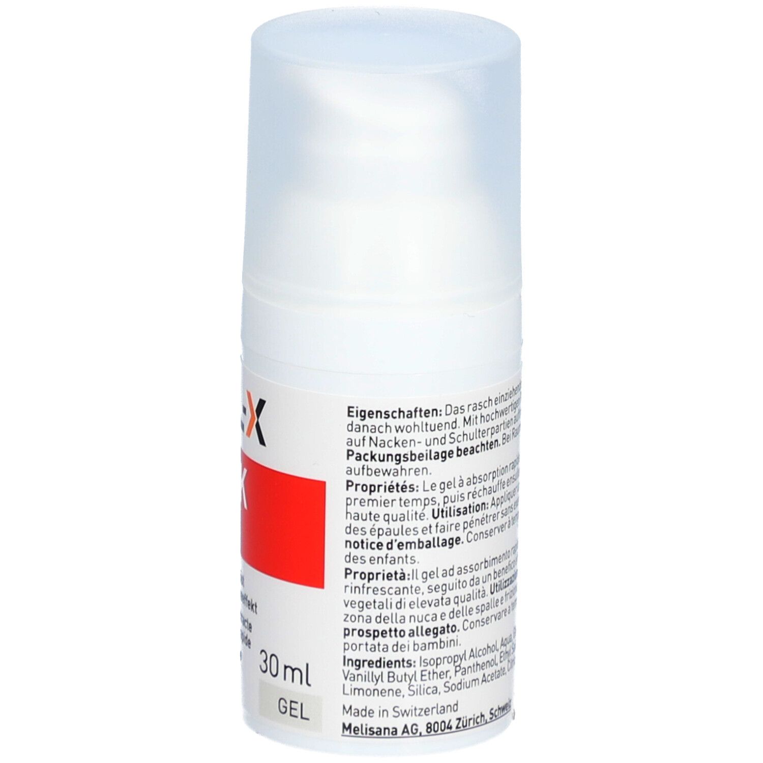 Weißer Gel-Flakon mit rotem Etikett. Aufschrift: DUL-X NECK RELAX. 30 ml. Mit Dosierpumpe und Deckel.