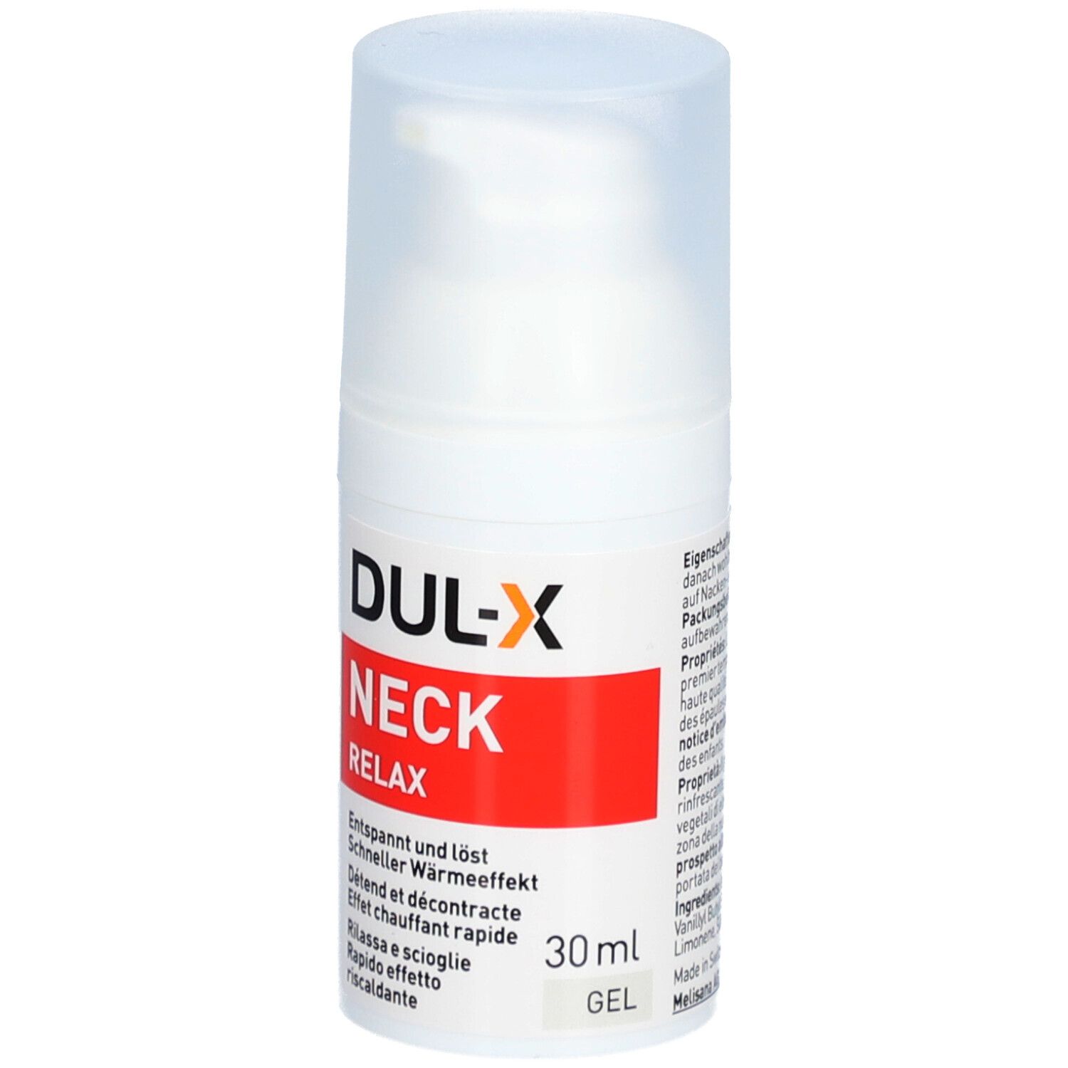 Weißer Gel-Flakon mit rotem Etikett. Aufschrift: DUL-X NECK RELAX. 30 ml. Mit Dosierpumpe und Deckel.