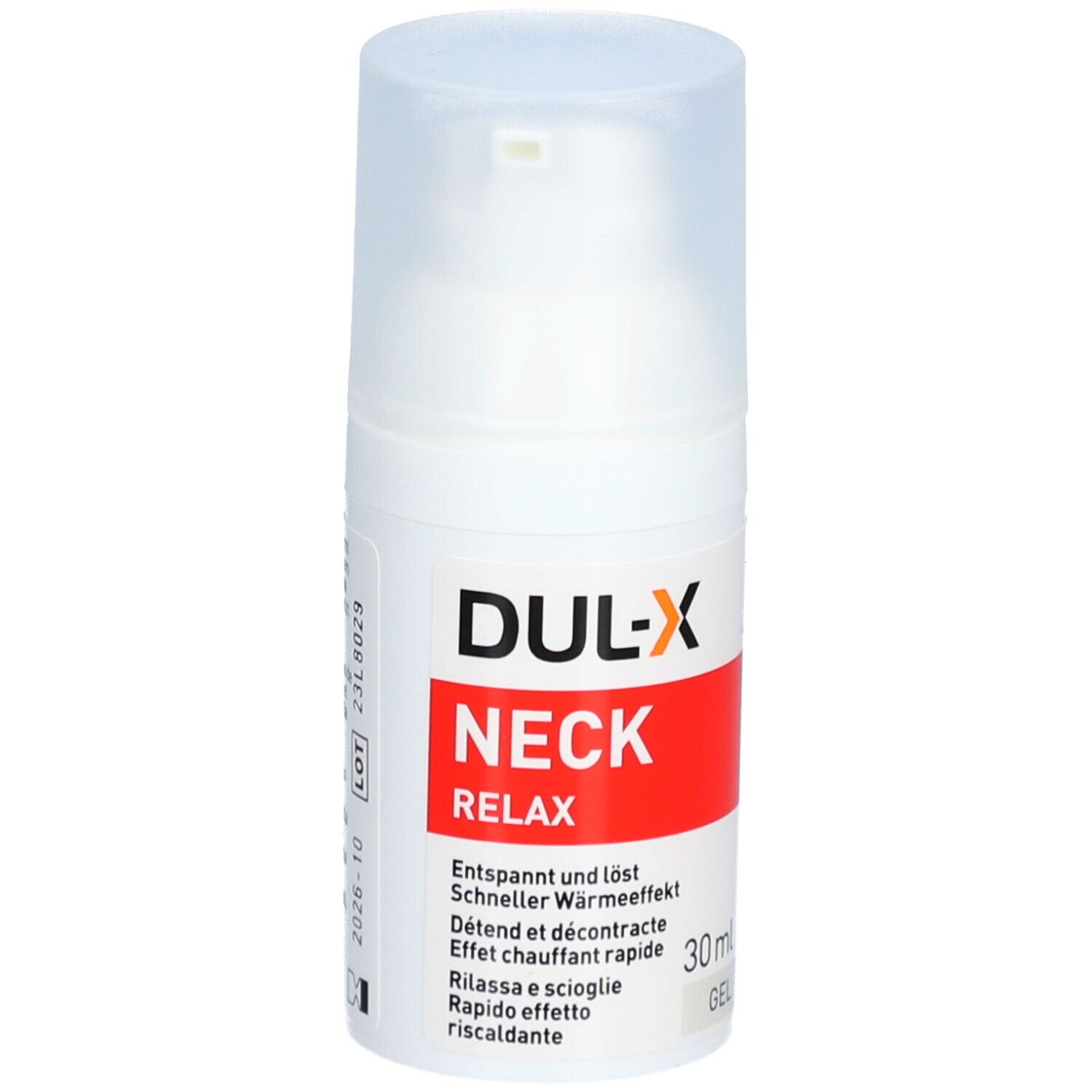 Weißer Gel-Flakon mit rotem Etikett. Aufschrift: DUL-X NECK RELAX. 30 ml. Mit Dosierpumpe und Deckel.