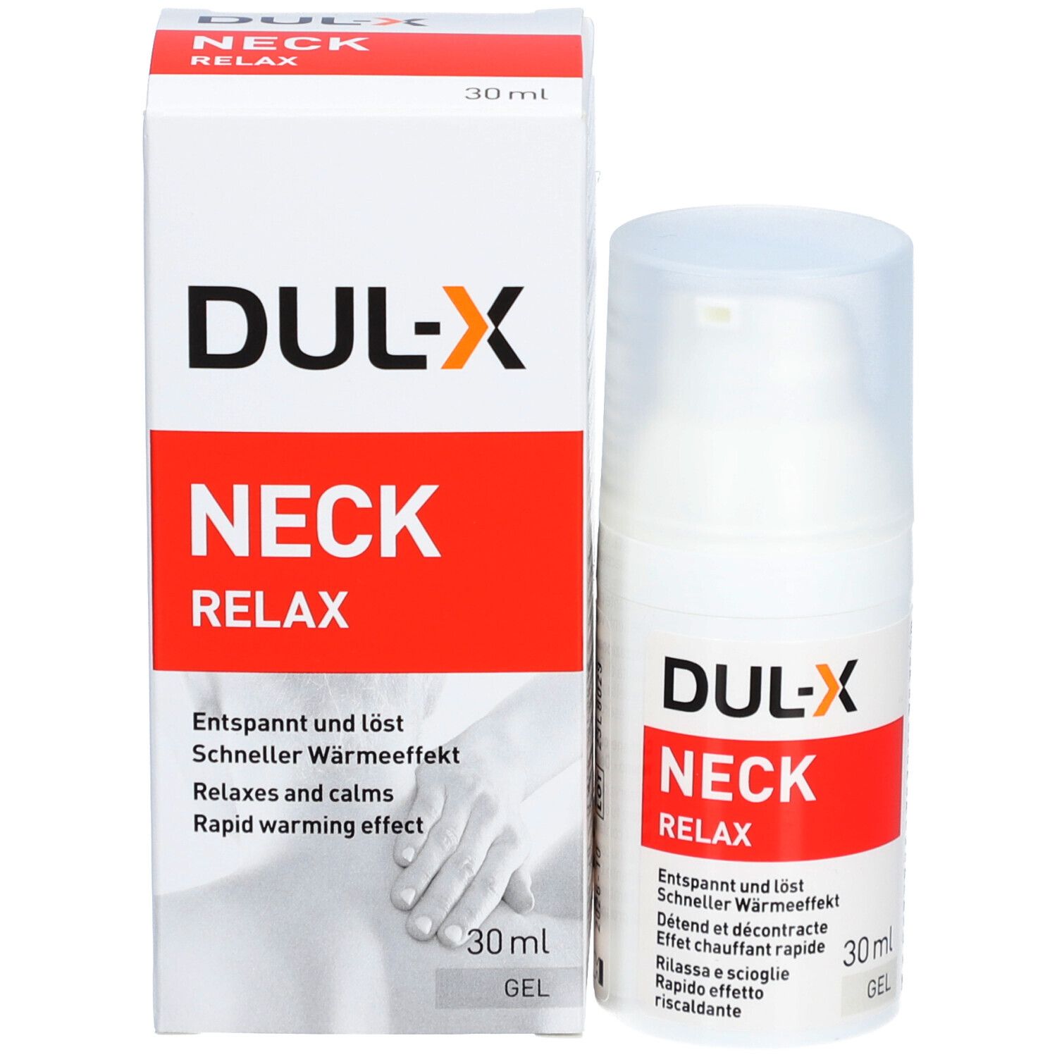 Produktverpackung und Flakon. Aufschrift: DUL-X NECK RELAX. 30 ml. Flakon mit Dosierpumpe und Deckel.