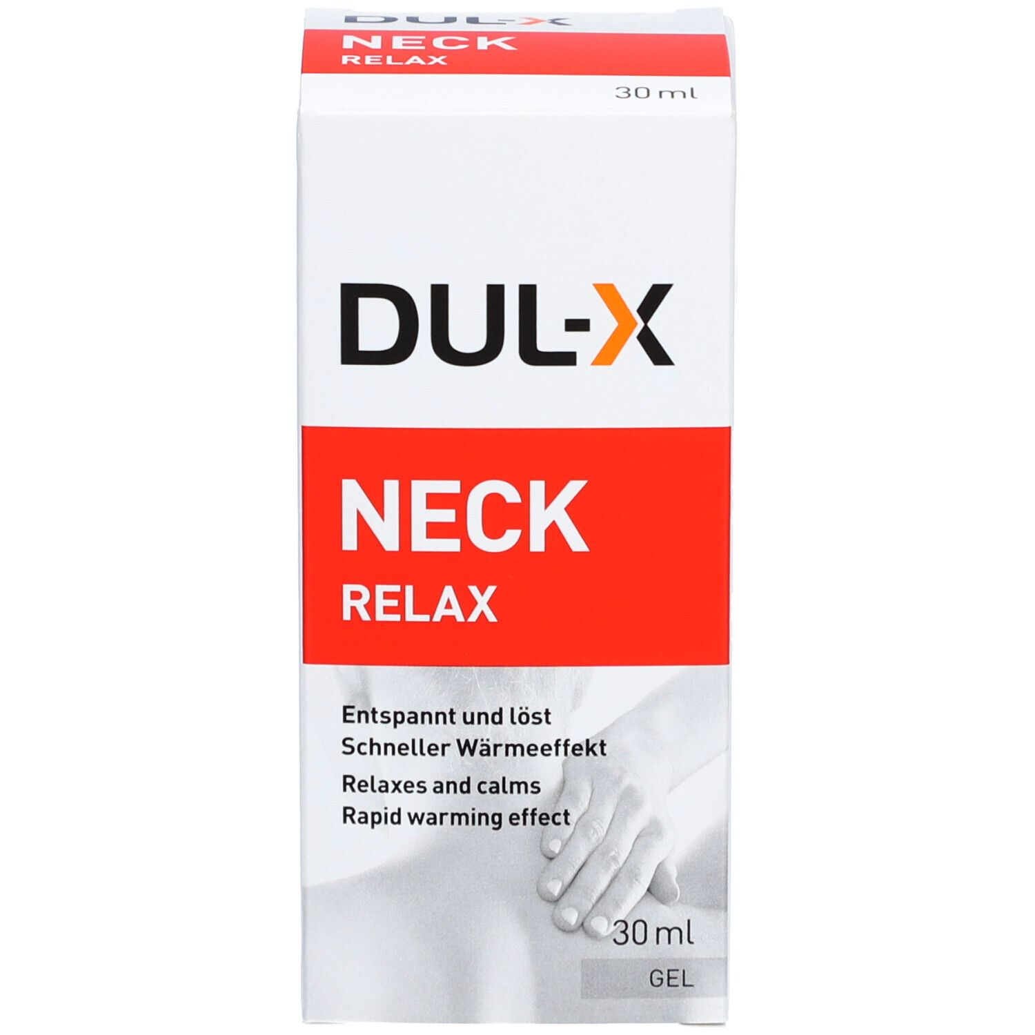 Produktverpackung. Aufschrift: DUL-X NECK RELAX. 30 ml. Abbildung einer Person.