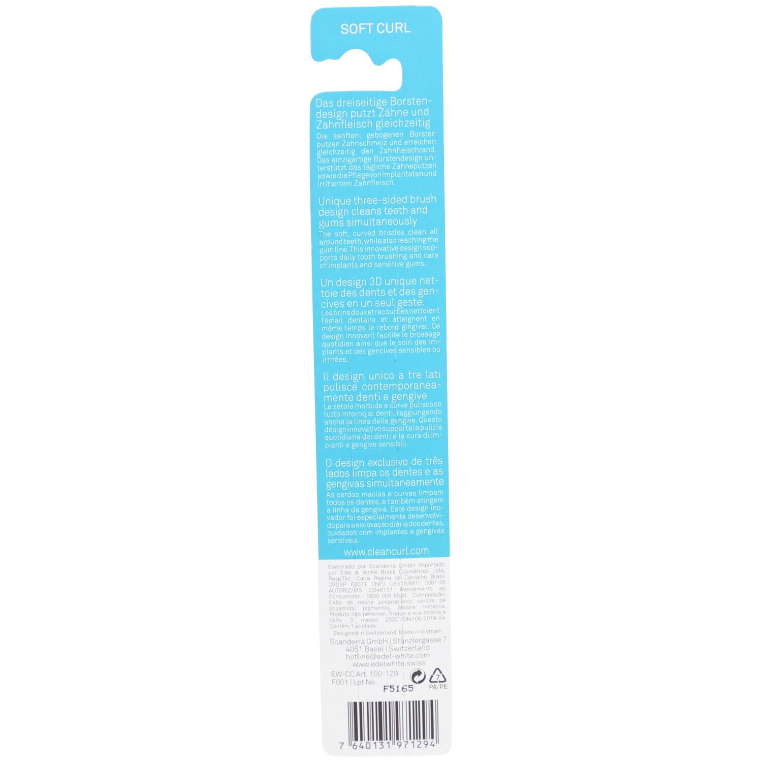 Rückseite der Verpackung der Zahnbürste. Text in mehreren Sprachen. Marke: CleanCurl. Informationen zur Produktbeschreibung.