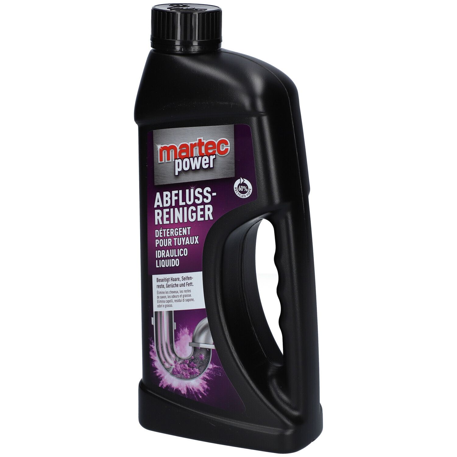 Schwarze Flasche mit Griff. Aufkleber mit Produktnamen und Logo. Abfluss-Reiniger. Flüssigreiniger für Rohre.