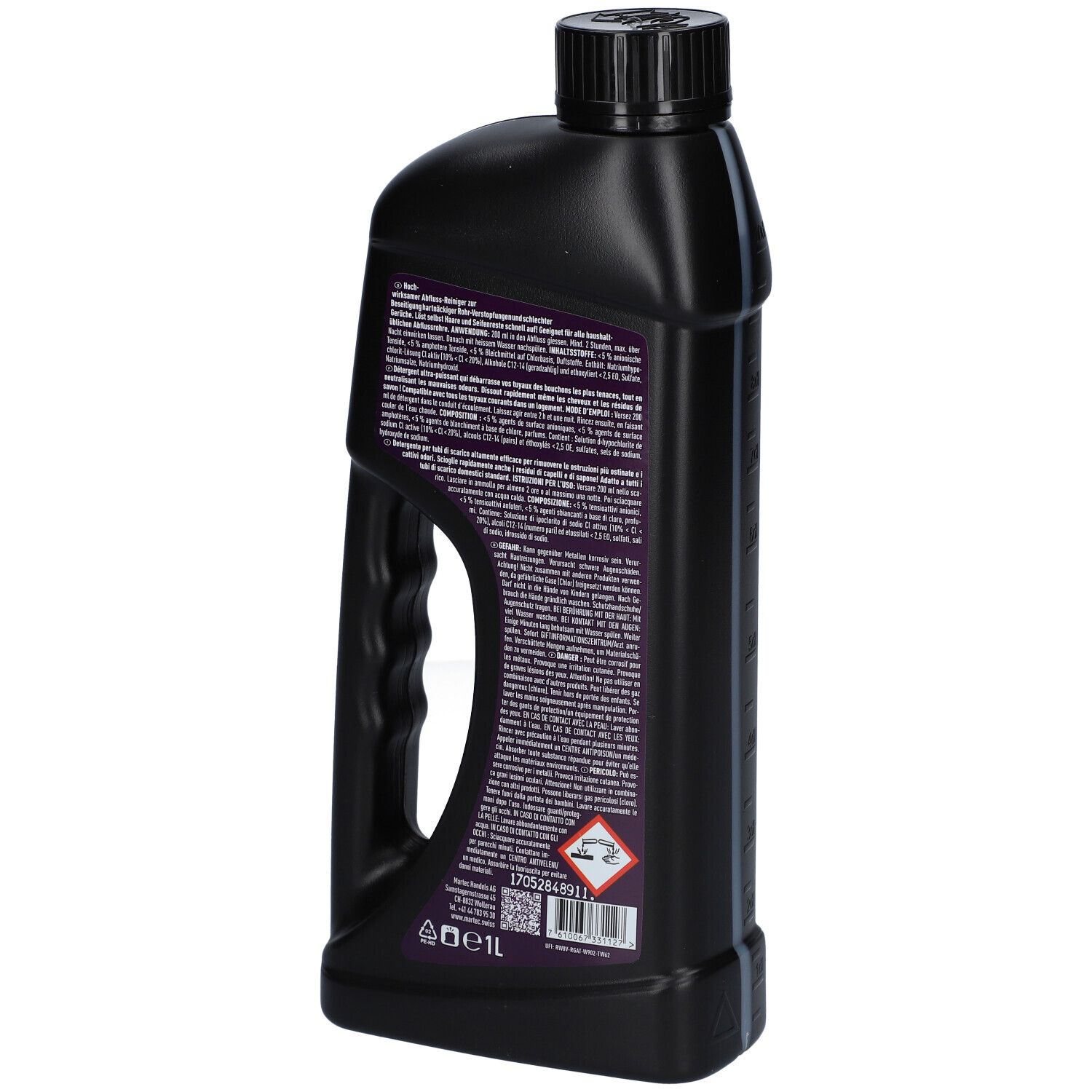 Rückansicht der schwarzen Flasche. Etikett mit Text und Warnhinweisen. Volumen: 1L.