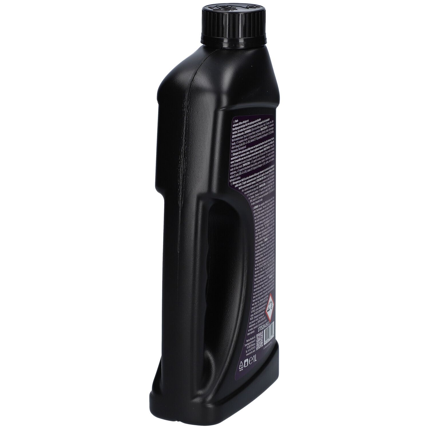Schwarze Flasche, Seitenansicht. Etikett mit Text und Warnhinweisen. Griff.