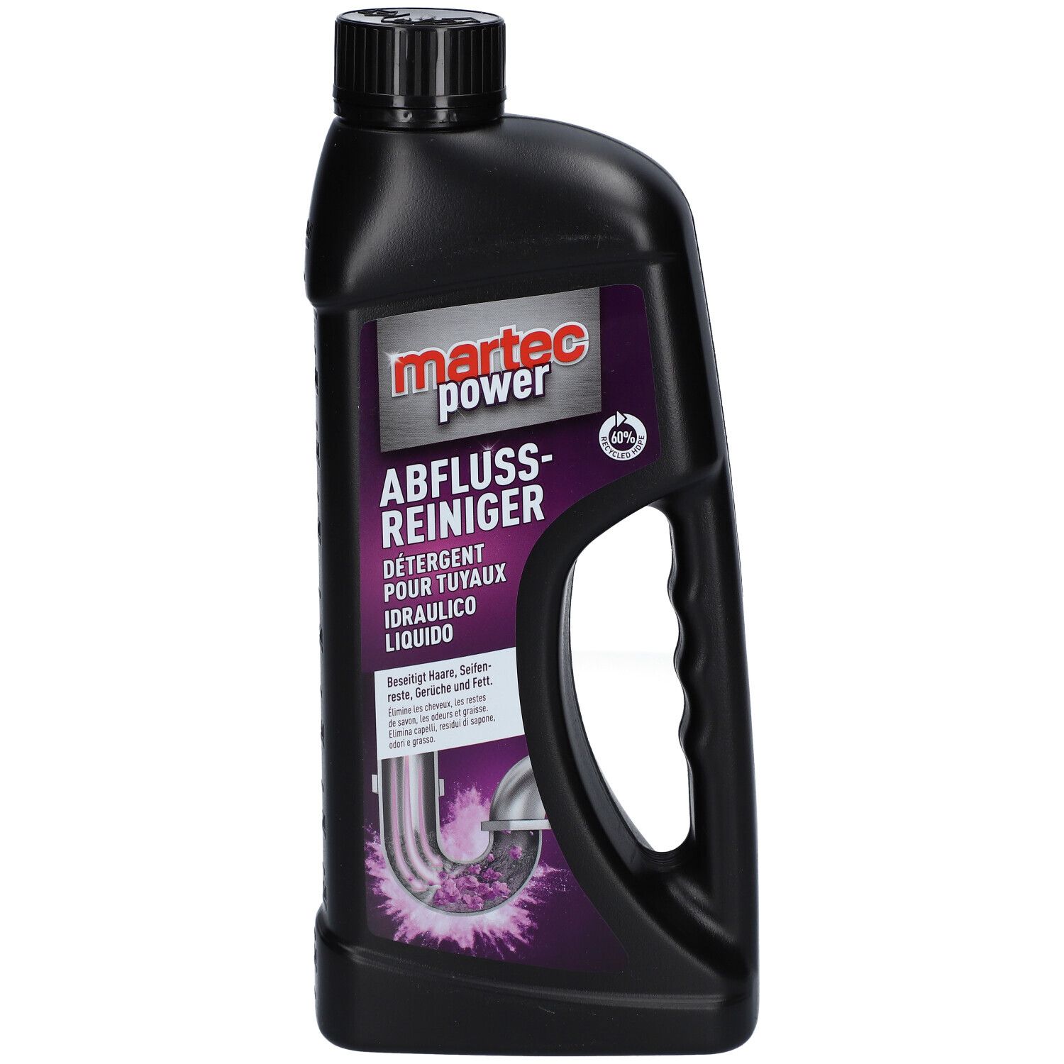 Schwarze Flasche mit Griff. Etikett mit Produktnamen und Logo. Abfluss-Reiniger. Flüssigreiniger.