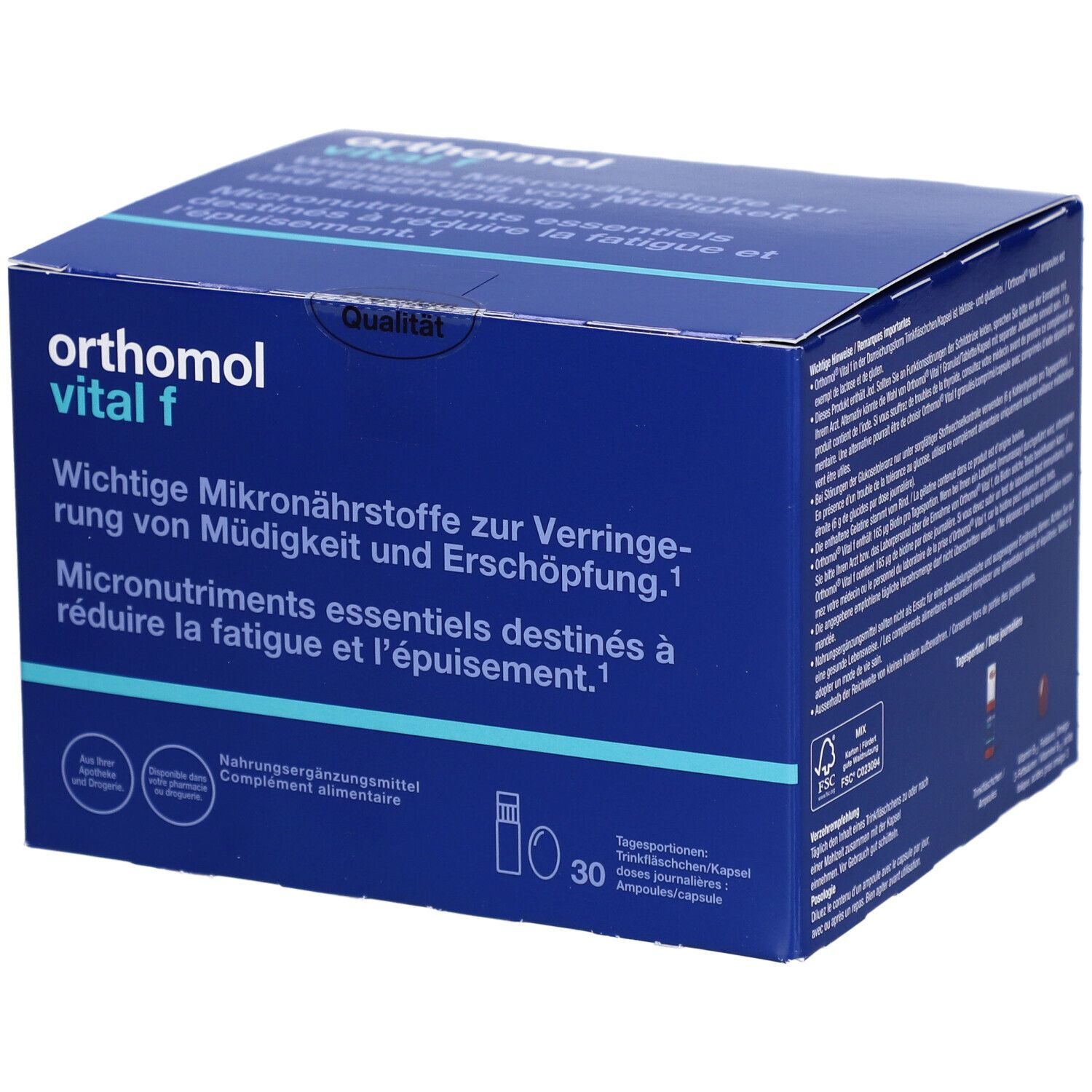 Blaue Produktverpackung mit "orthomol vital f"-Logo. Enthält 30 Ampullen/Kapseln. Text: Mikronährstoffe zur Verringerung von Müdigkeit.