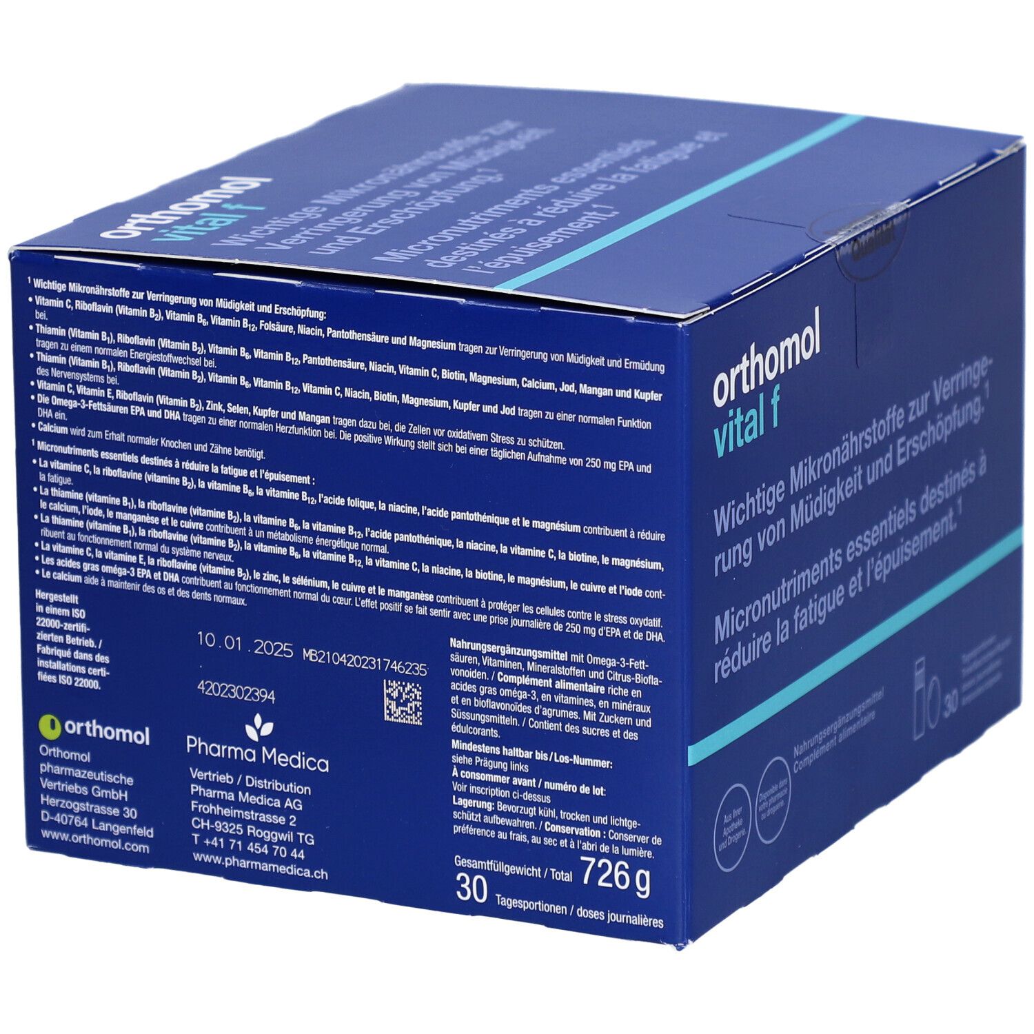 Blaue Verpackung mit "orthomol vital f". Rückseite mit Inhaltsstoffangaben und Herstellerinformationen. Enthält 30 Tagesportionen.
