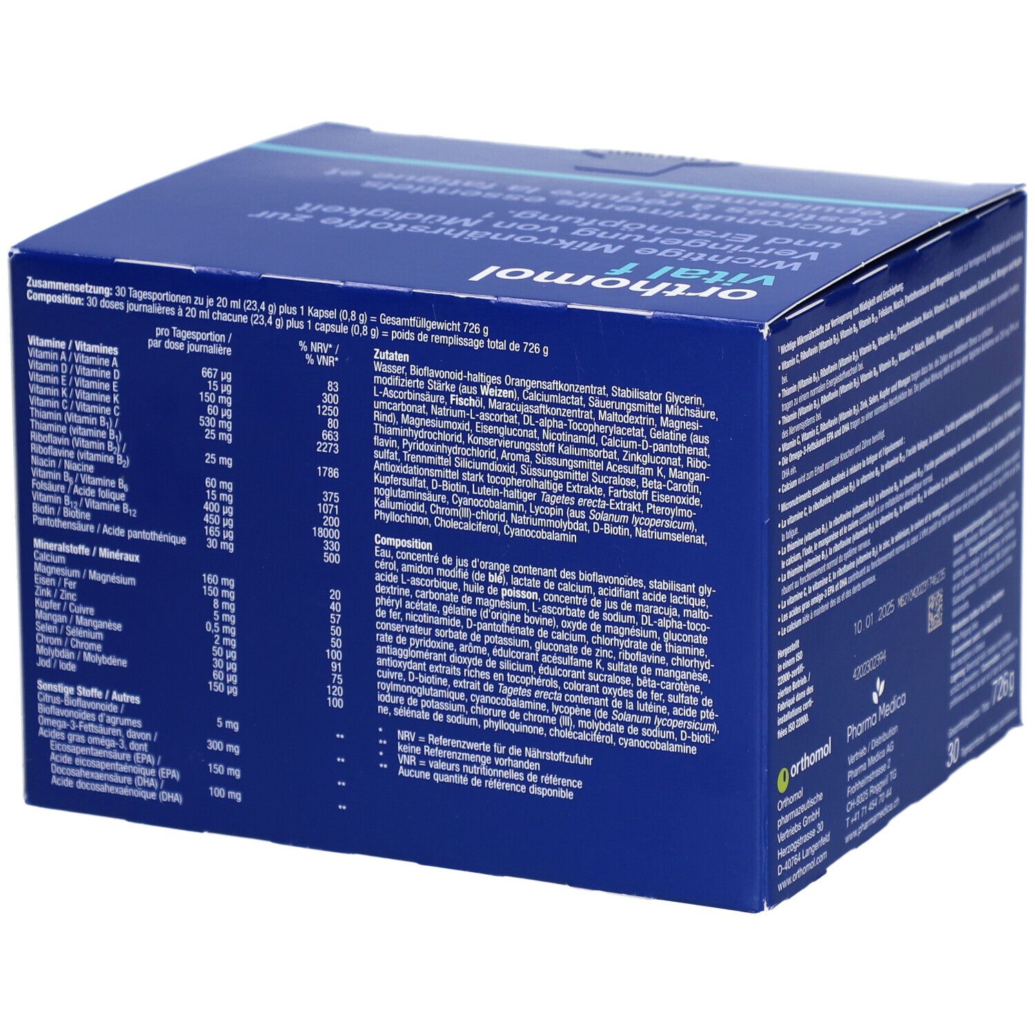 Blaue Verpackung "orthomol vital f". Rückseite mit detaillierten Inhaltsstoffangaben pro Tagesportion. 30 Tagesportionen.