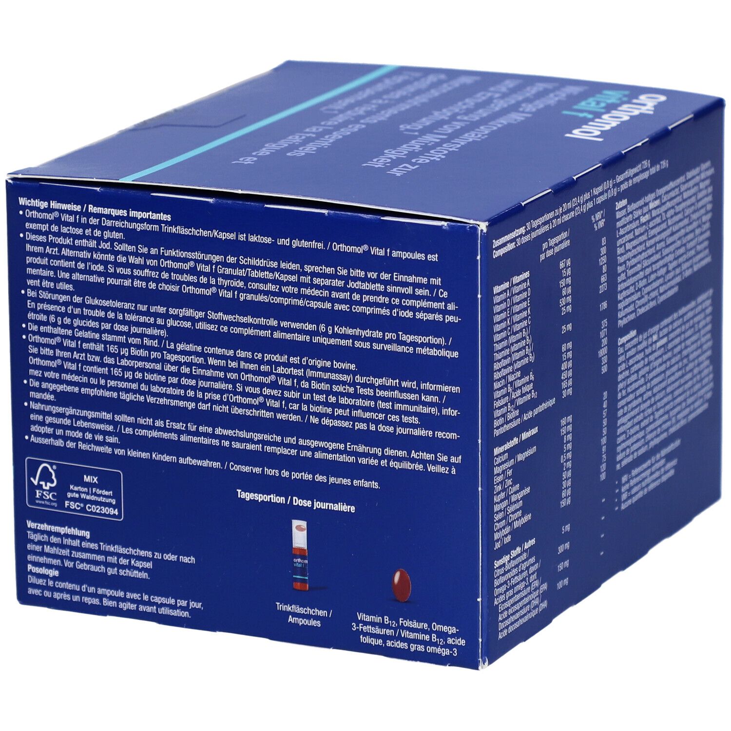 Blaue Verpackung "orthomol vital f". Rückseite mit wichtigen Hinweisen und Inhaltsstoffen. Enthält 30 Tagesportionen.