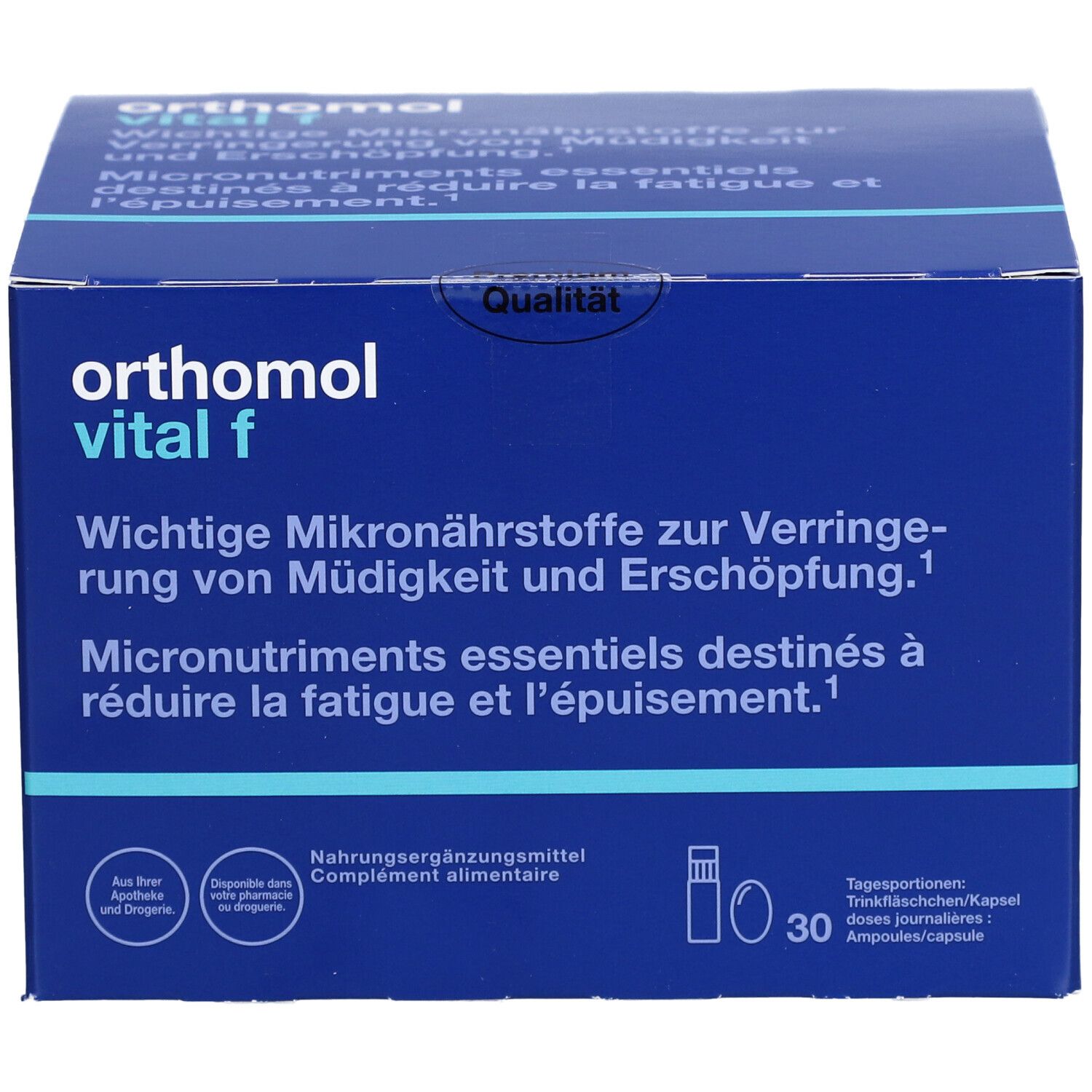 Blaue Verpackung "orthomol vital f". Enthält 30 Tagesportionen. Text: Mikronährstoffe zur Verringerung von Müdigkeit und Erschöpfung.