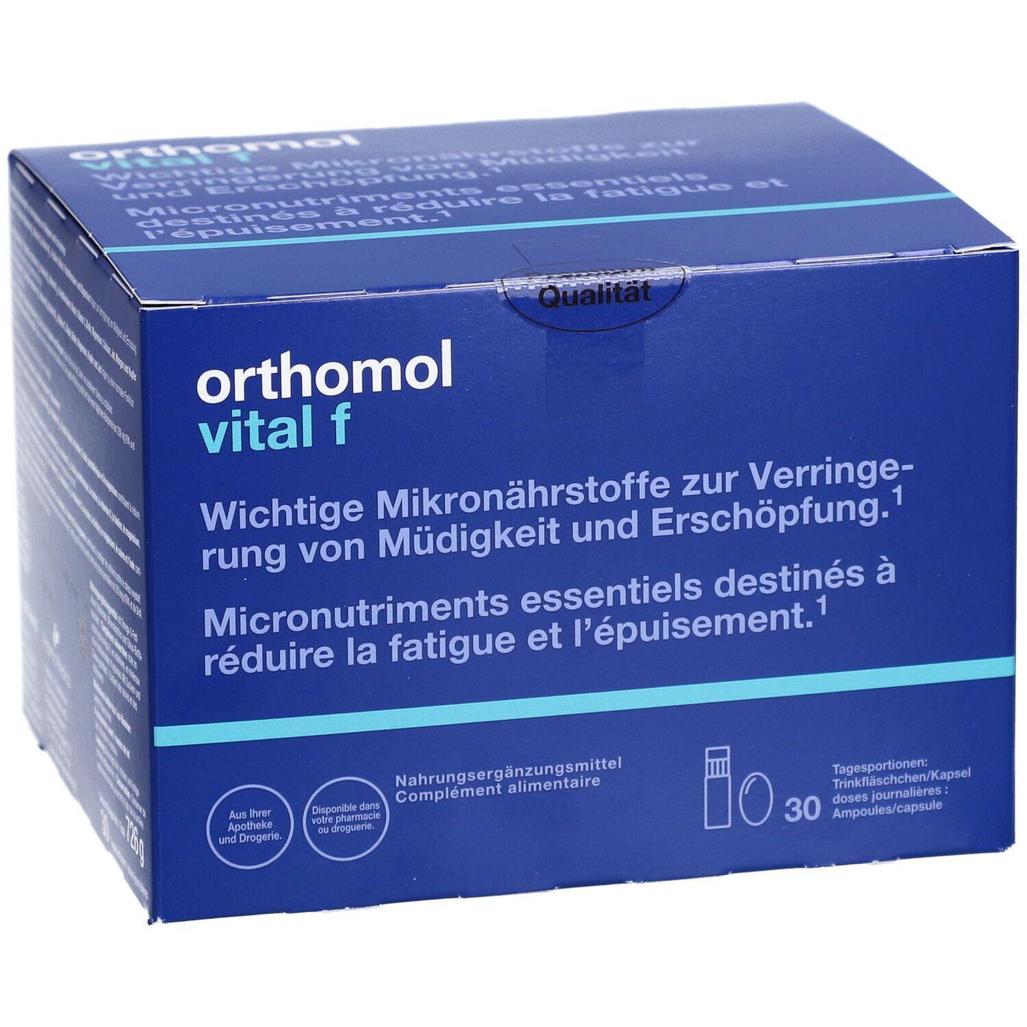 Blaue Verpackung "orthomol vital f". Enthält 30 Tagesportionen. Text: Mikronährstoffe zur Verringerung von Müdigkeit und Erschöpfung.