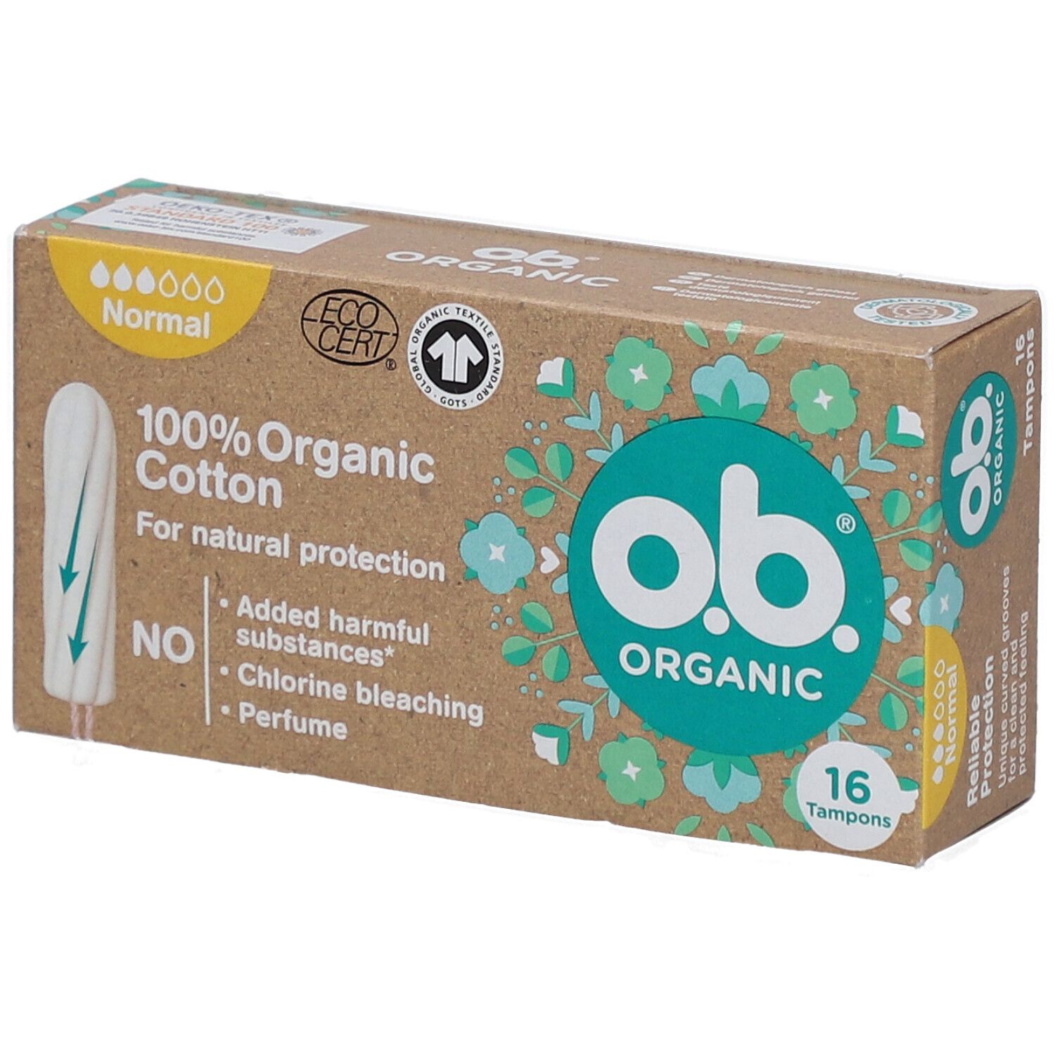 Karton mit Tampons. O.B. Organic, 100% Bio-Baumwolle, 16 Stück. Zertifizierungen: Ecocert, Textile Exchange.