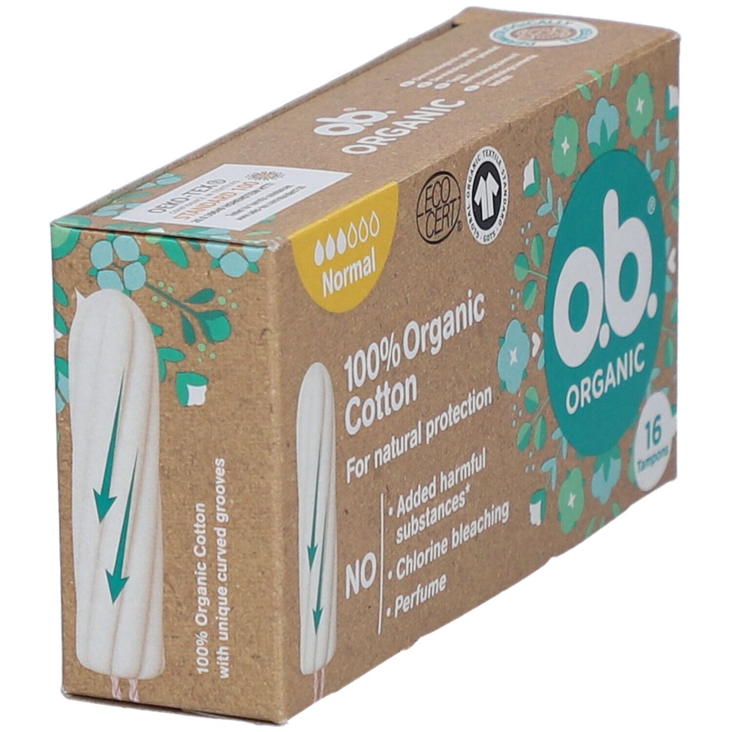 Schräg gestellte Packung Tampons. O.B. Organic, 100% Bio-Baumwolle. Sichtbar: Tampon mit Rillen.