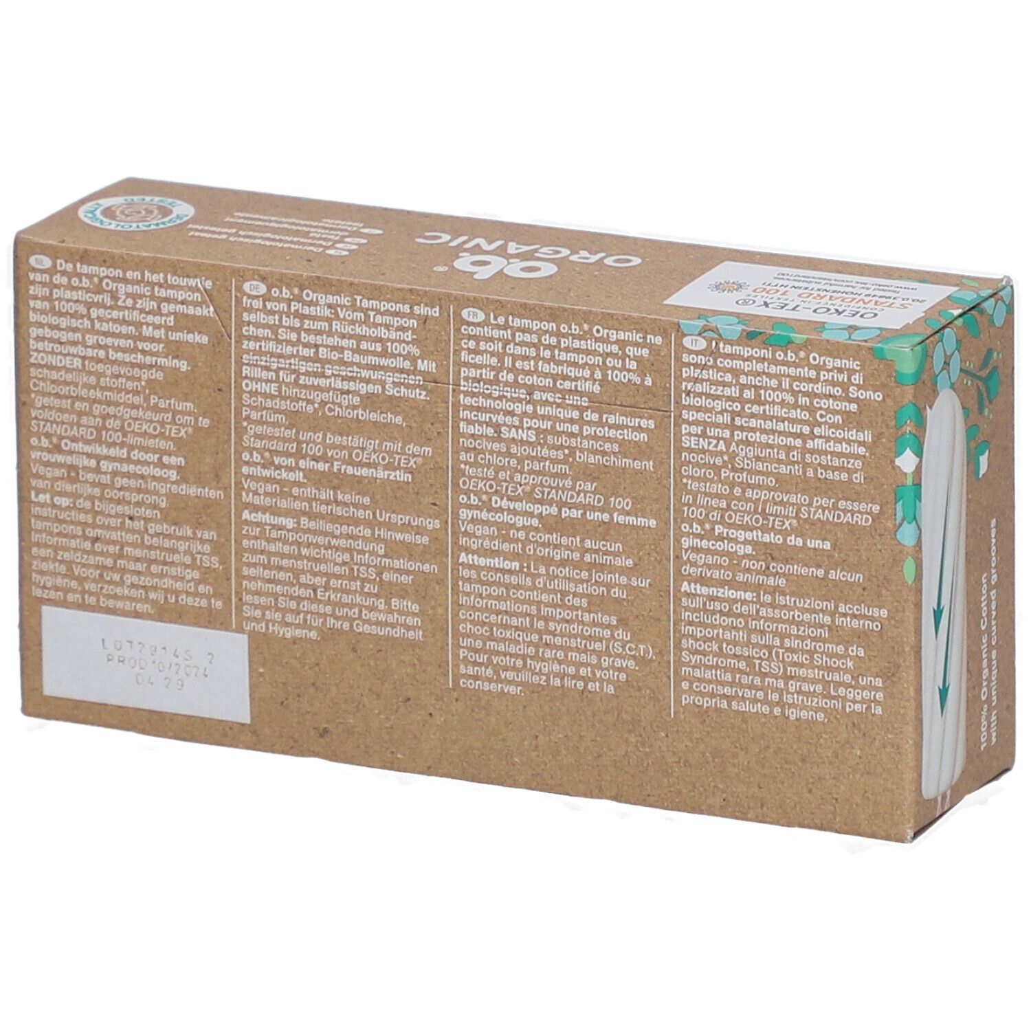 Rückseite der Tampon-Verpackung. Text in Deutsch, Französisch, Italienisch und Niederländisch. Zertifizierungen.