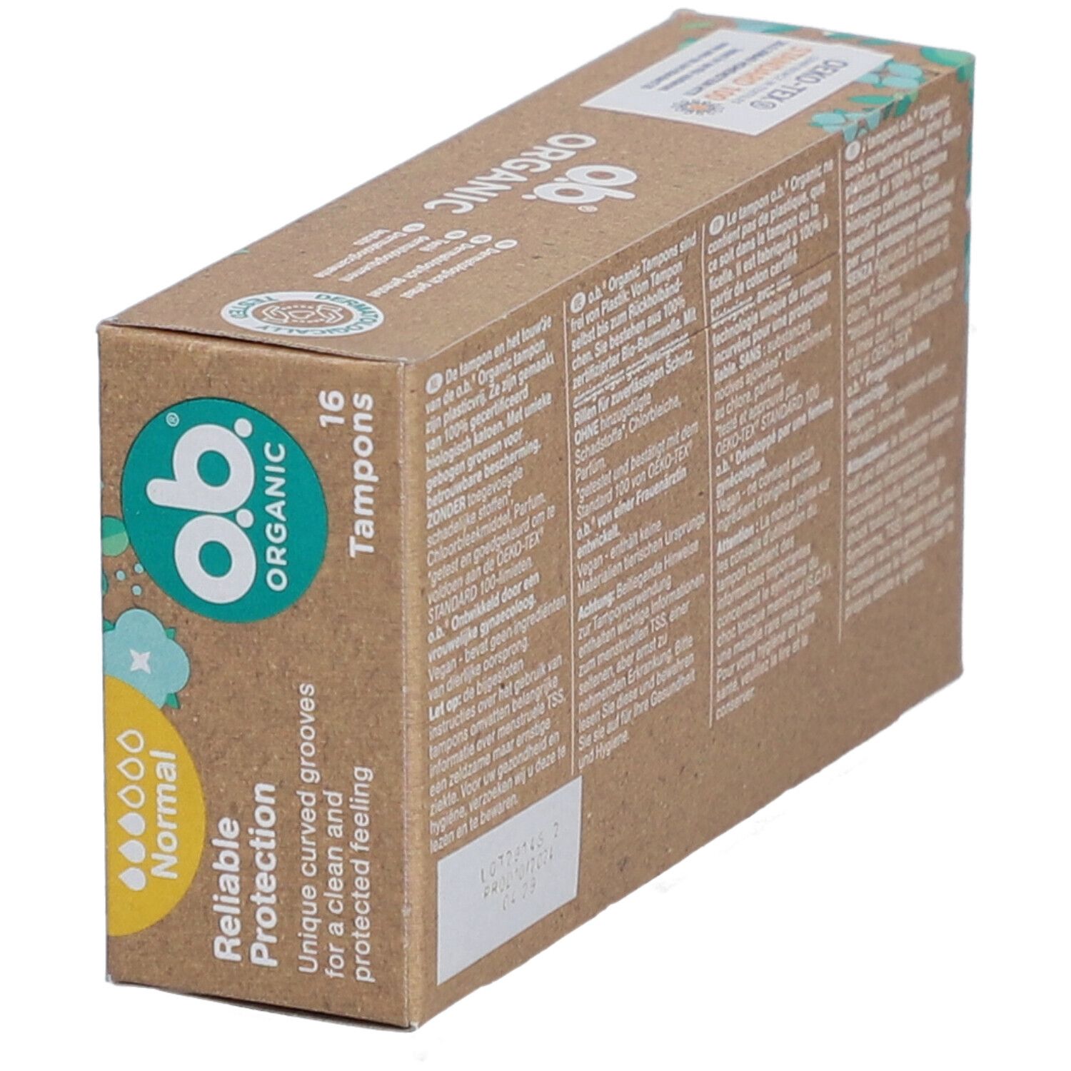 Schräg gestellte Tampon-Verpackung. O.B. Organic, 16 Tampons. Text in Deutsch, Französisch, Italienisch, Niederländisch.