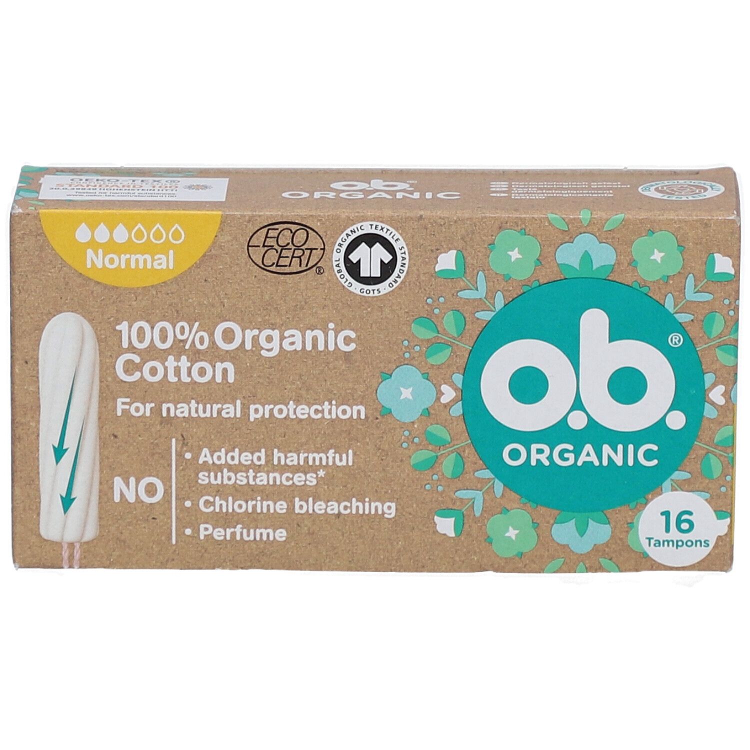 Karton mit Tampons. O.B. Organic, 100% Bio-Baumwolle, 16 Stück. Zertifizierungen: Ecocert, Textile Exchange.