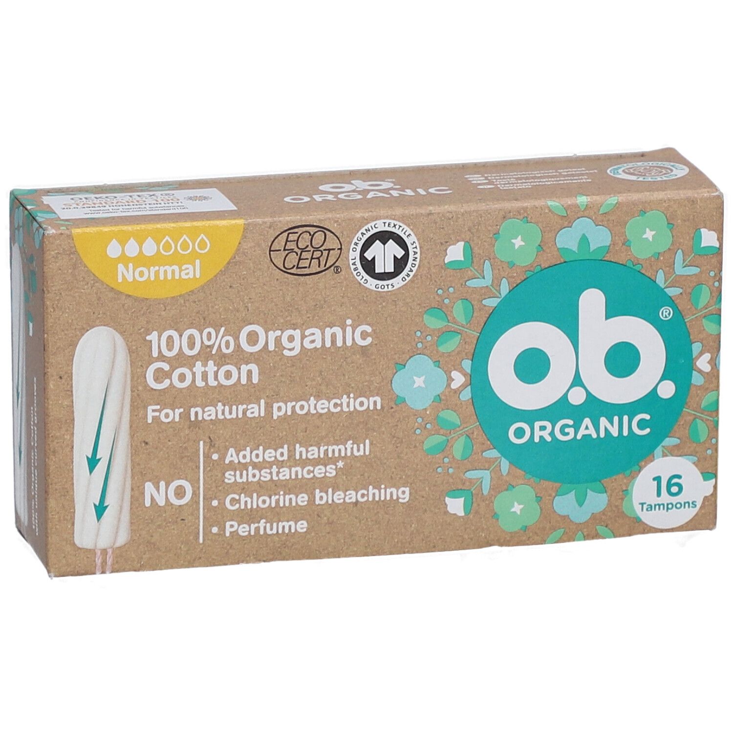 Karton mit Tampons. O.B. Organic, 100% Bio-Baumwolle, 16 Stück. Zertifizierungen: Ecocert, Textile Exchange.