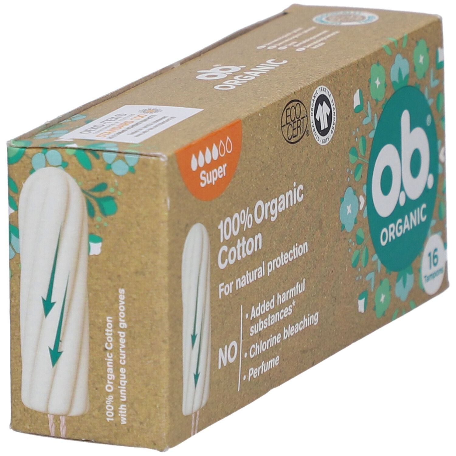 Karton mit Tampons. Marke: o.b. Organic. 16 Stück. Aus 100% Bio-Baumwolle. Super. Mit Eco-Zertifizierung.