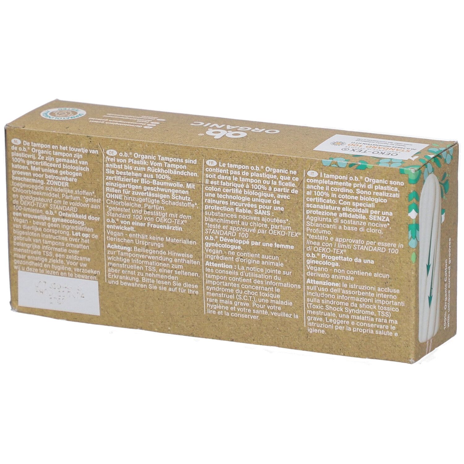 Rückseite der Tampon-Verpackung. Text in Deutsch, Italienisch, Niederländisch und Französisch. Marke: o.b. Organic.