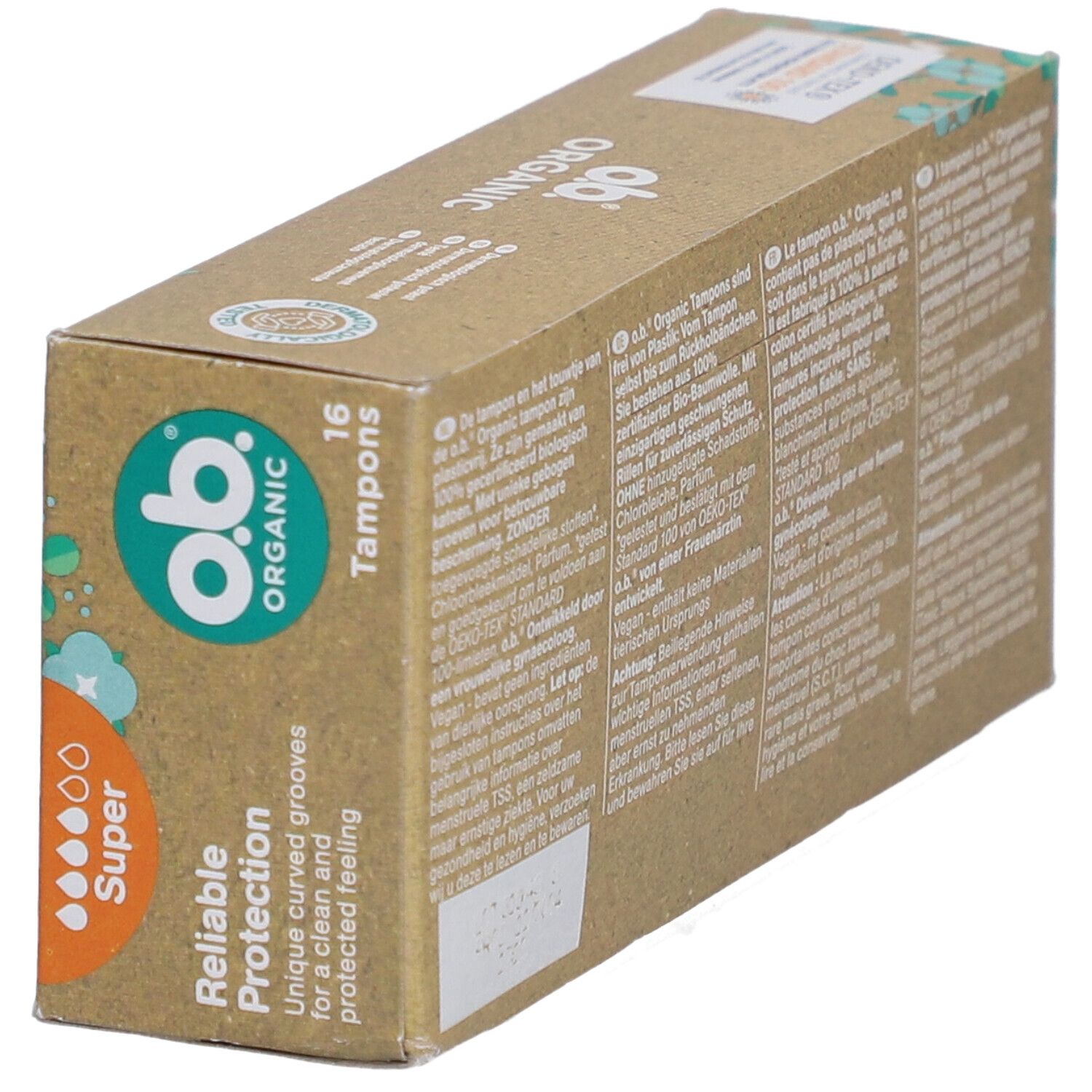 Karton mit Tampons. Marke: o.b. Organic. 16 Stück. Aus 100% Bio-Baumwolle. Super. Mit Eco-Zertifizierung.