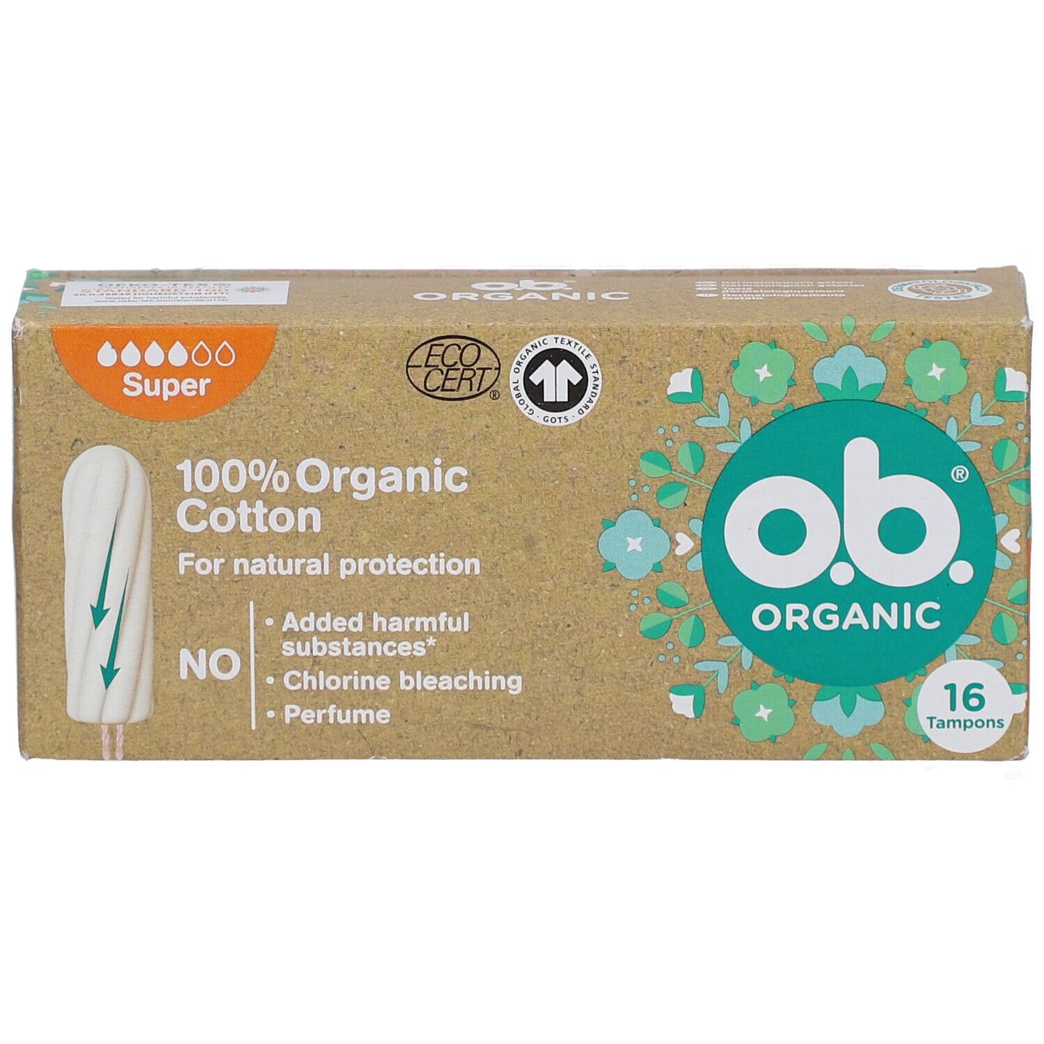 Karton mit Tampons. Marke: o.b. Organic. 16 Stück. Aus 100% Bio-Baumwolle. Super. Mit Eco-Zertifizierung.