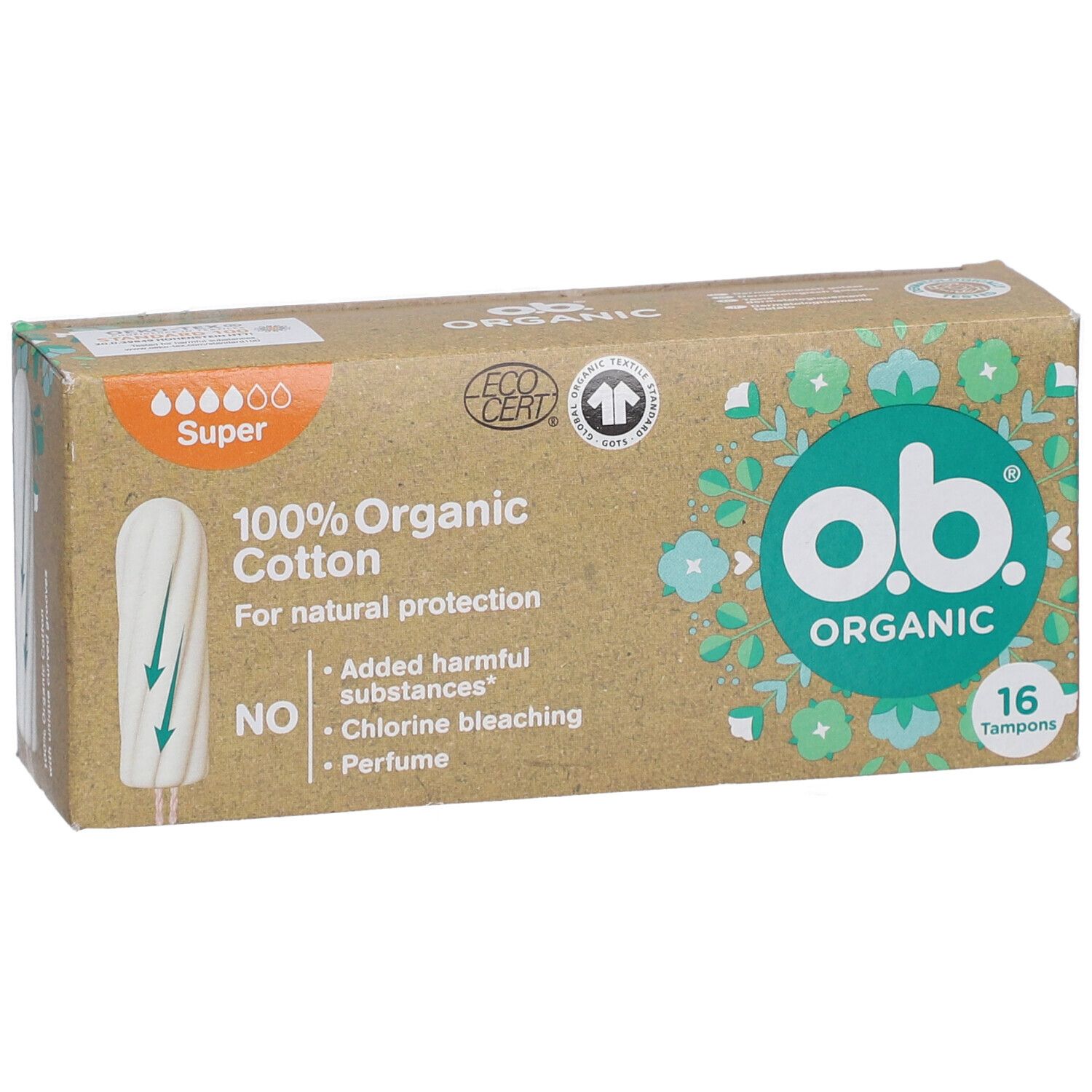 Karton mit Tampons. Marke: o.b. Organic. 16 Stück. Aus 100% Bio-Baumwolle. Super. Mit Eco-Zertifizierung.