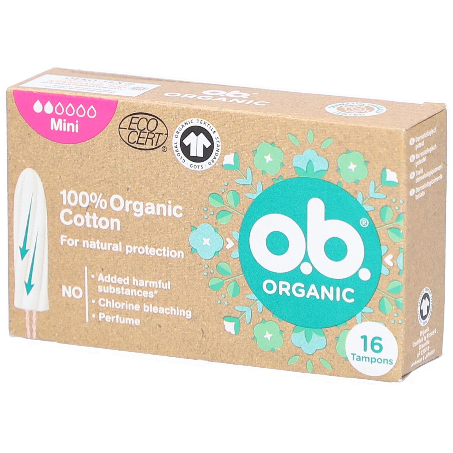 Karton mit O.B. Organic Mini Tampons. 16 Stück. 100% Bio-Baumwolle. Zertifiziert durch EcoCert.