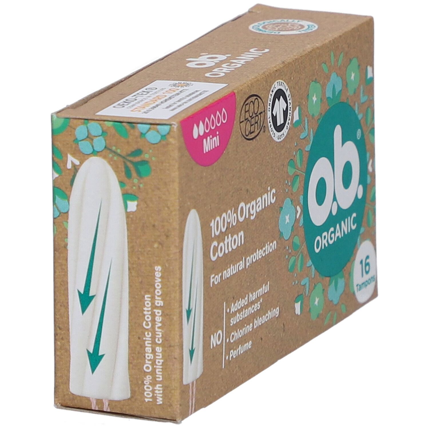 Karton mit O.B. Organic Mini Tampons. 16 Stück. 100% Bio-Baumwolle. Zertifiziert durch EcoCert.