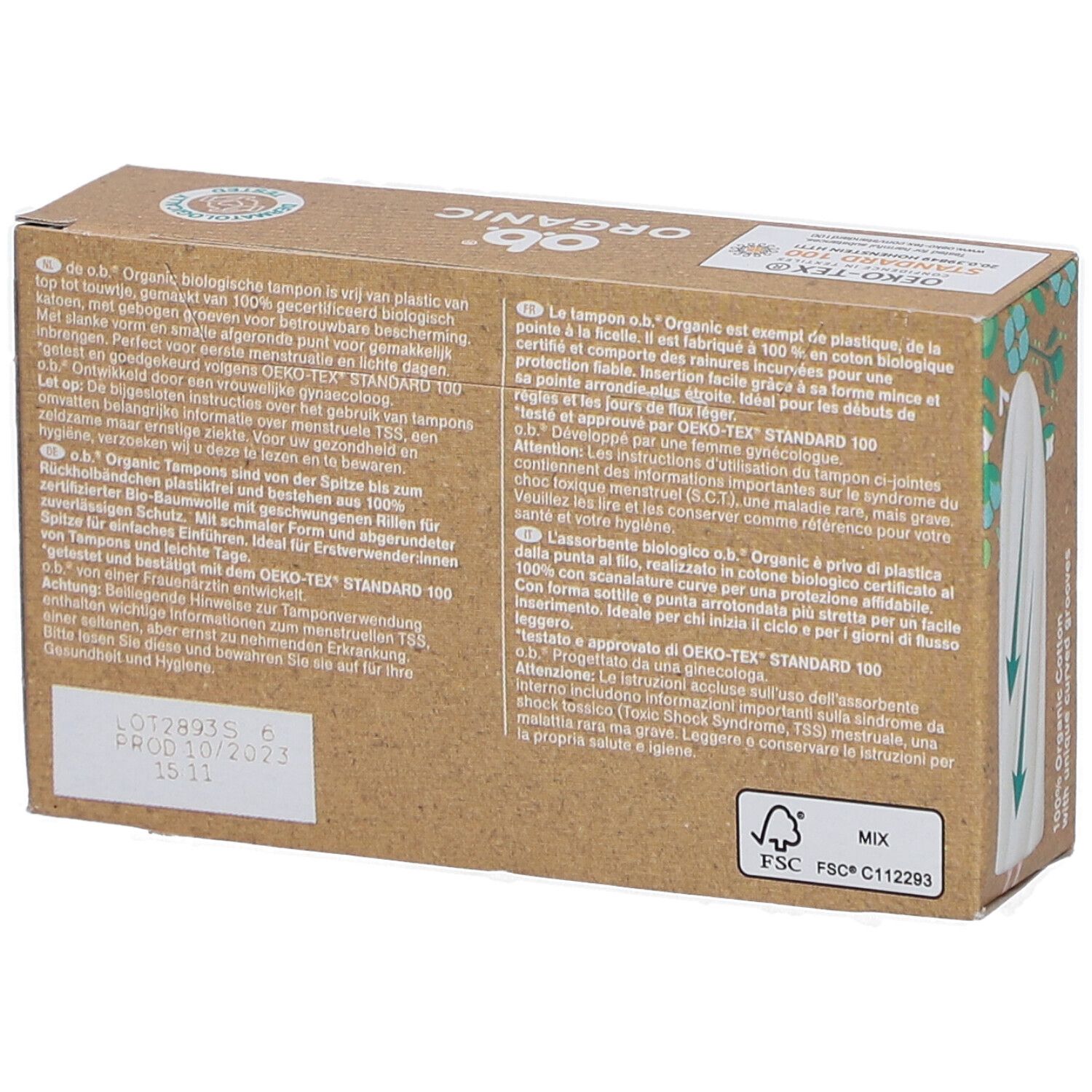 Rückseite der O.B. Organic Mini Tampon-Verpackung. Text in Deutsch, Französisch, Italienisch und Niederländisch. FSC-Zertifizierung.