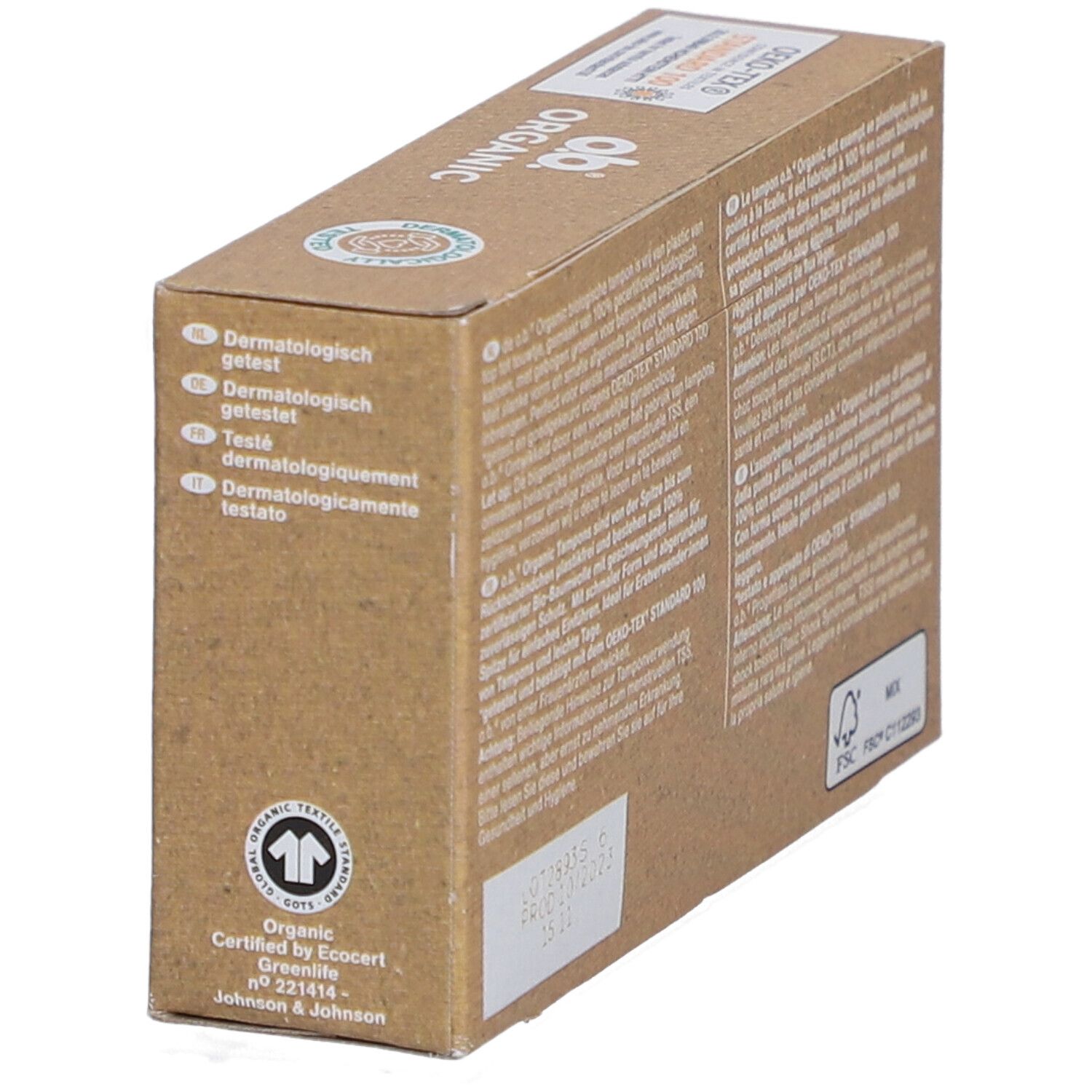 Seite der O.B. Organic Mini Tampon-Verpackung. Text in Deutsch, Französisch, Italienisch und Niederländisch. EcoCert-Zertifizierung.