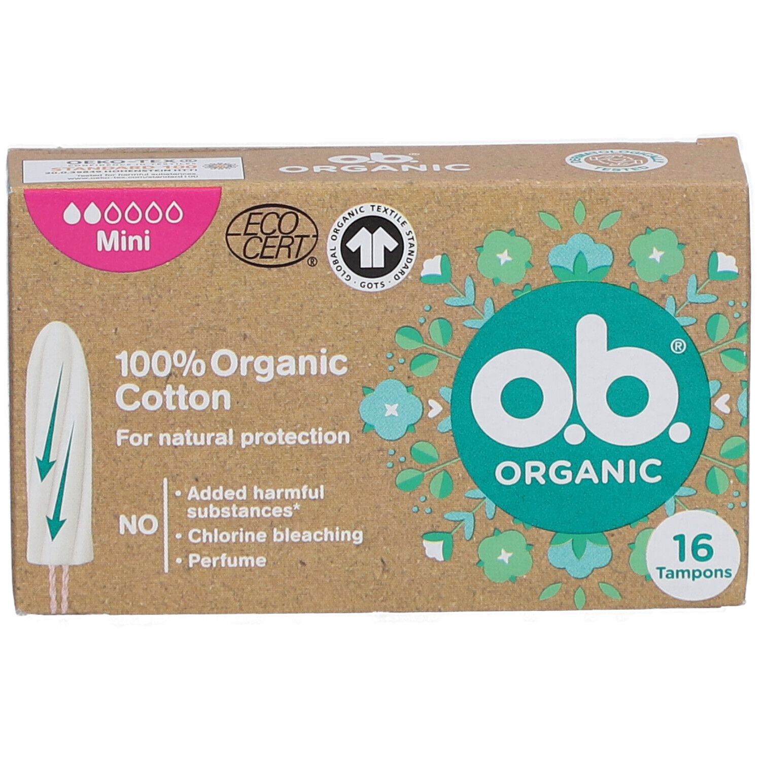 Karton mit O.B. Organic Mini Tampons. 16 Stück. 100% Bio-Baumwolle. Zertifiziert durch EcoCert.