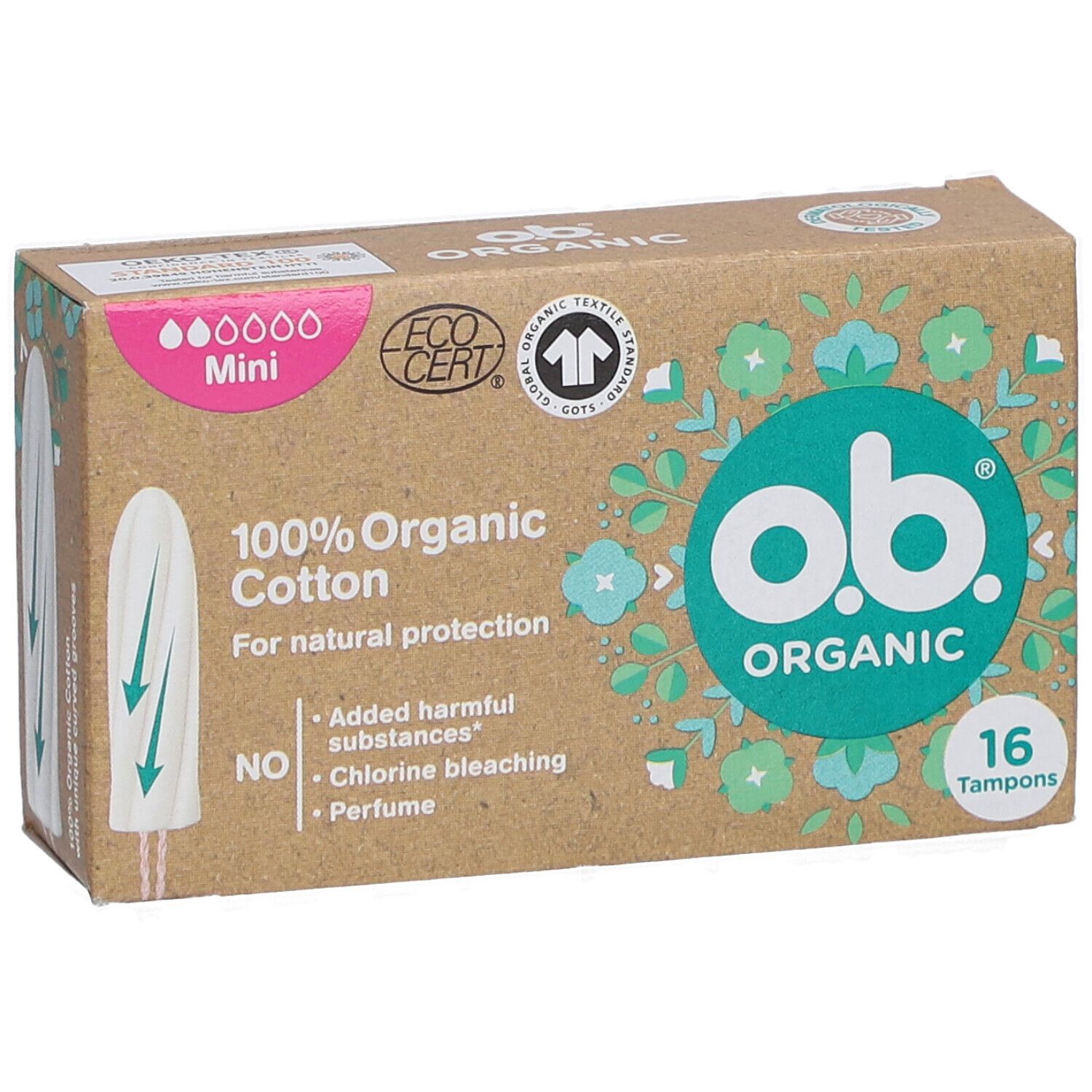 Karton mit O.B. Organic Mini Tampons. 16 Stück. 100% Bio-Baumwolle. Zertifiziert durch EcoCert.