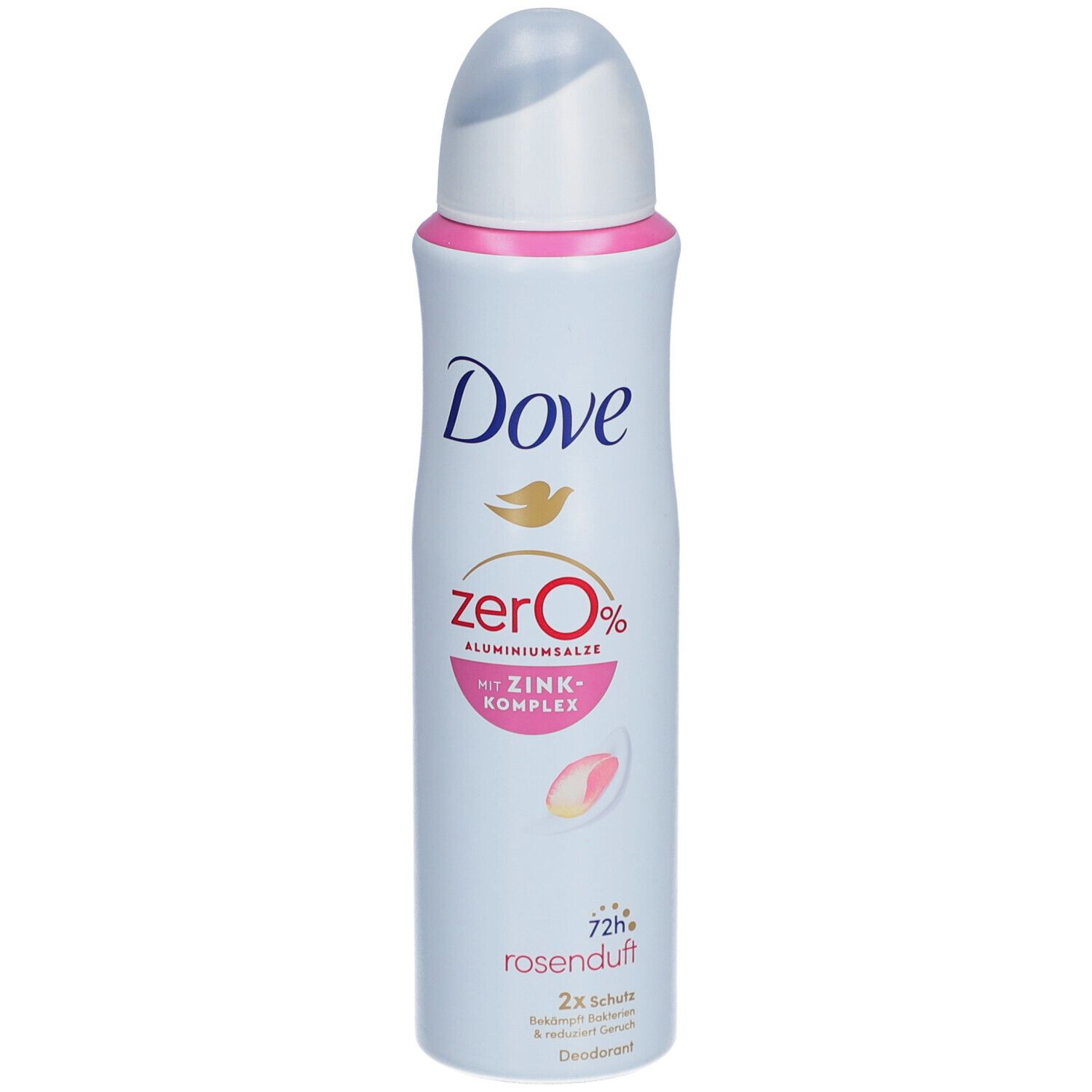 Spray déodorant Dove, blanc avec accents roses. Inscription Dove, zero 0%, complexe de zinc, parfum de rose. Protection 72h.